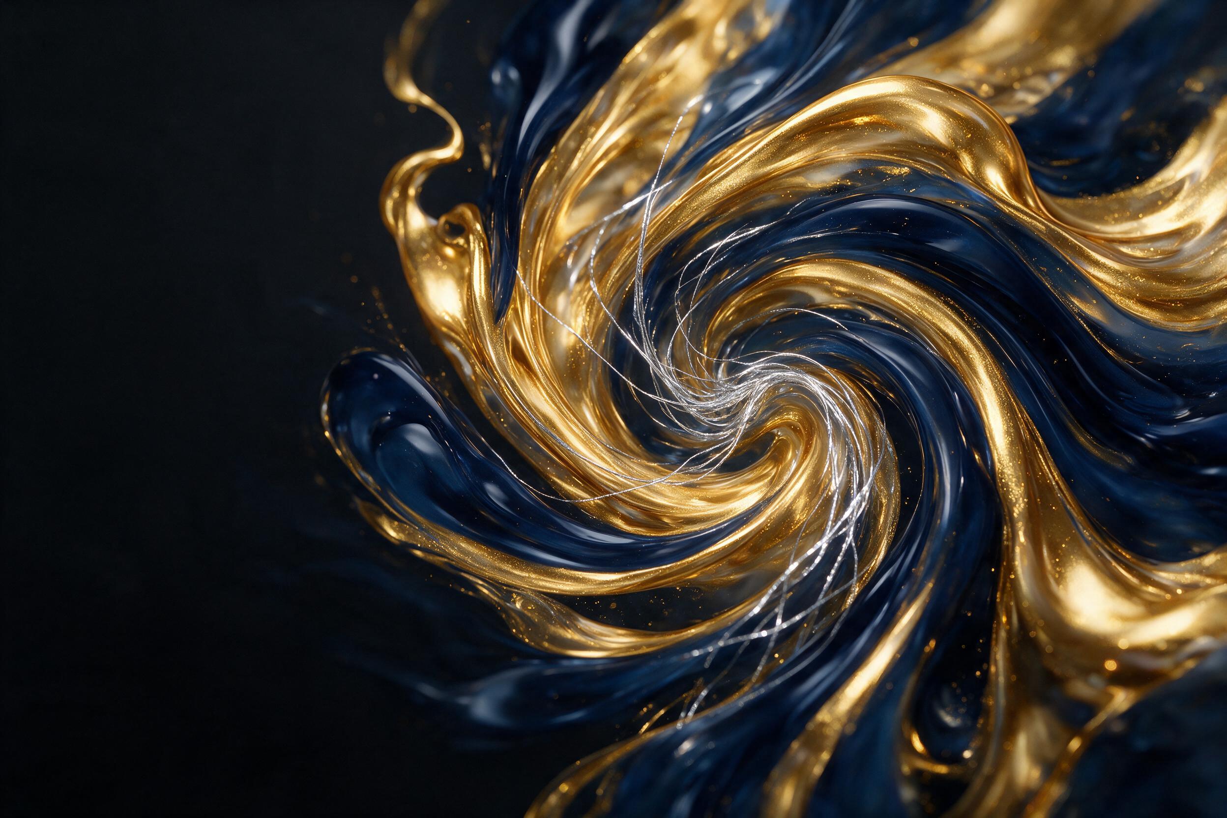 A swirling vortex of liquid gold and deep indigo, with delicate silver threads weaving through the center, set against a matte black background, soft diffused lighting casting gentle highlights, minimalist composition with negative space on the left side.