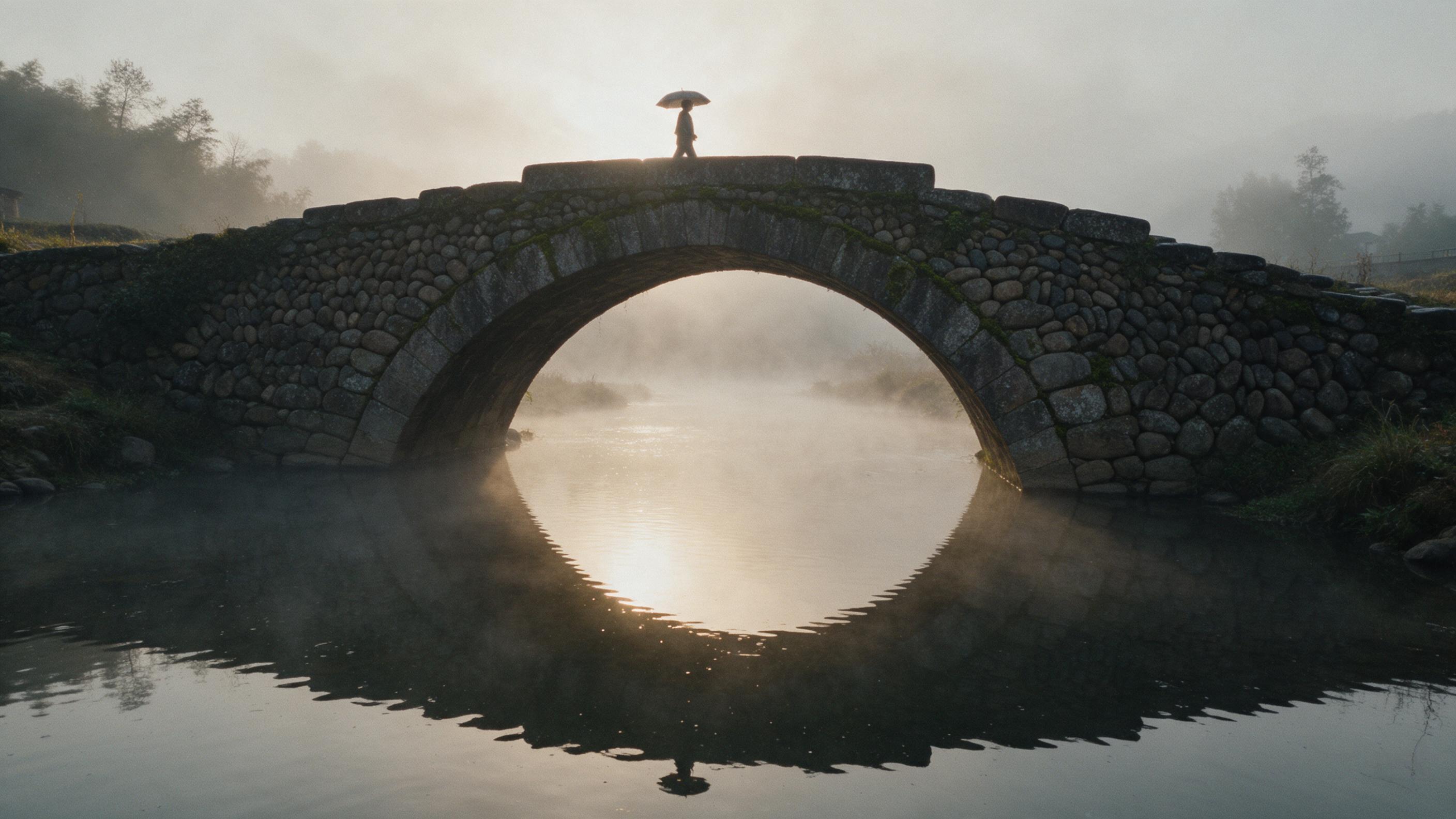 A weathered stone bridge arches over a misty river at dawn, ancient moss creeping between cobblestones, soft golden light breaking through fog, a lone figure with an umbrella crossing, slight film grain, muted earthy tones, composition centered on the arch's reflection in the water.