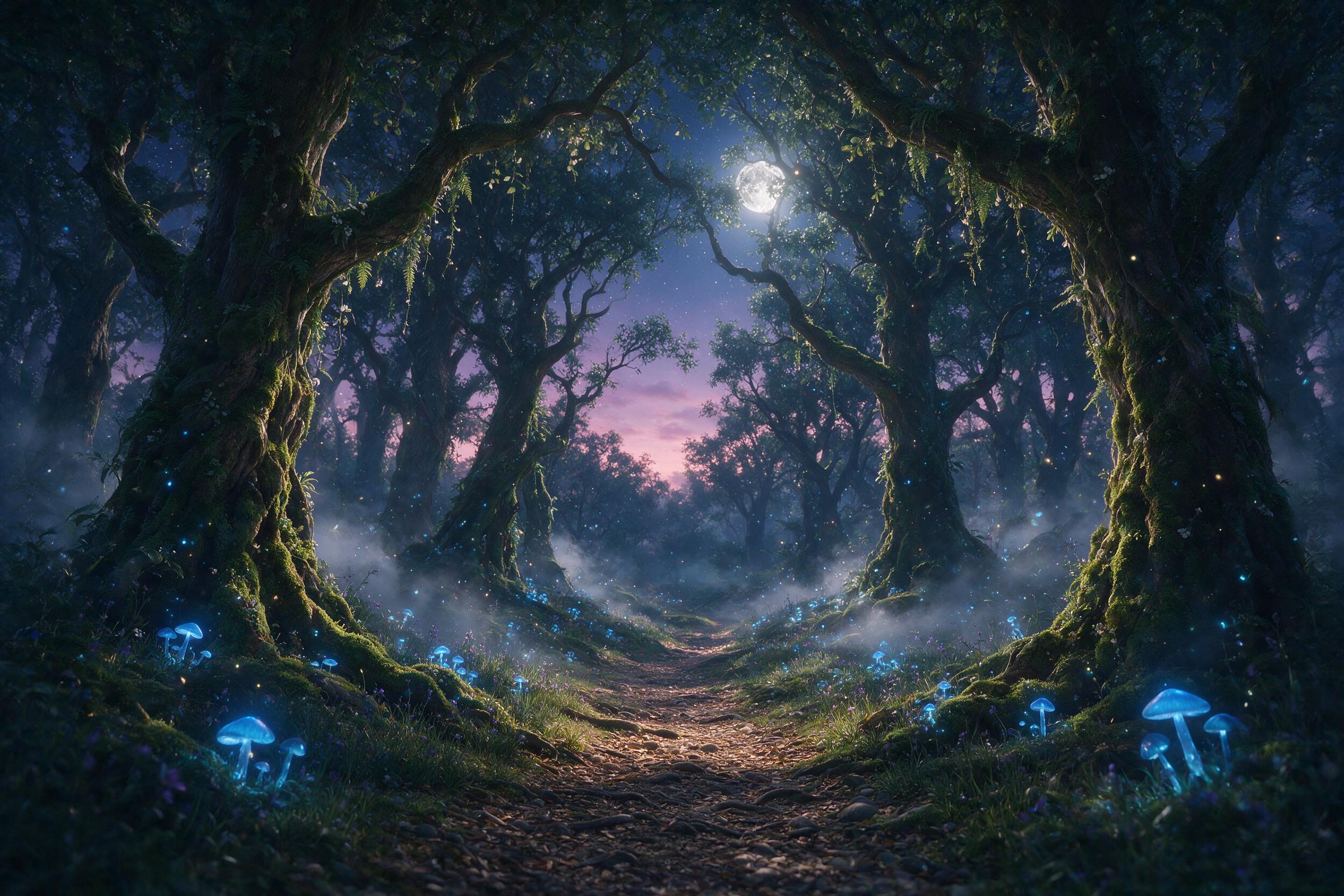 A mystical forest at twilight, with glowing blue mushrooms scattered along a winding path, soft fog drifting between ancient gnarled trees, dappled moonlight filtering through the canopy, subtle magical particles floating in the air, wide angle shot, moody atmosphere