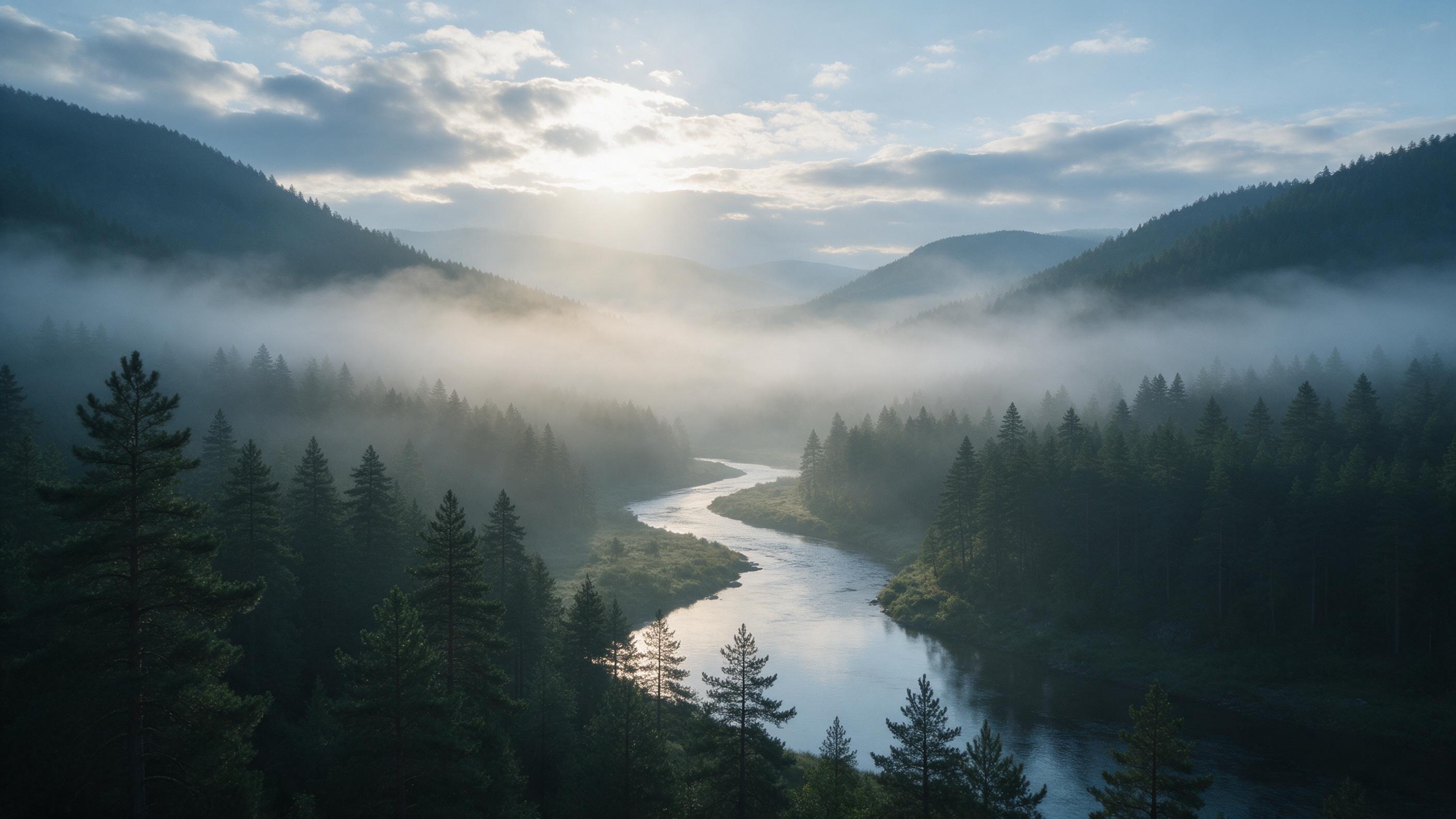 A misty mountain valley at dawn, soft golden light piercing through scattered clouds, a winding river reflecting the sky, dense pine forest on slopes, gentle fog rolling over the treeline, muted blue and green palette, wide-angle composition with depth, tranquil atmosphere, hint of morning mist on t