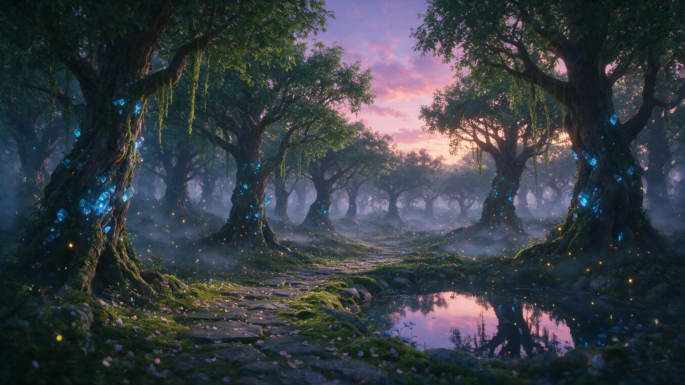 A mystical forest at twilight, where ancient trees with glowing blue crystals embedded in their bark cast soft light onto a winding path covered in moss and fallen petals. Fireflies drift through the air, their bioluminescence reflecting in a small, still pond. The scene is shrouded in a gentle mist