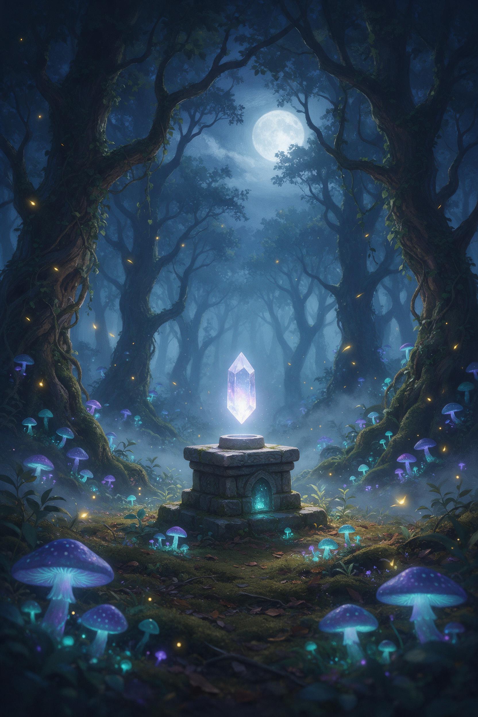 A moonlit enchanted forest clearing, bioluminescent mushrooms casting soft teal and violet glow, a gentle mist weaving between ancient mossy trees, fireflies trailing golden light, a tiny stone altar at center with a floating luminous crystal, ethereal atmosphere, painterly style, soft depth of fiel