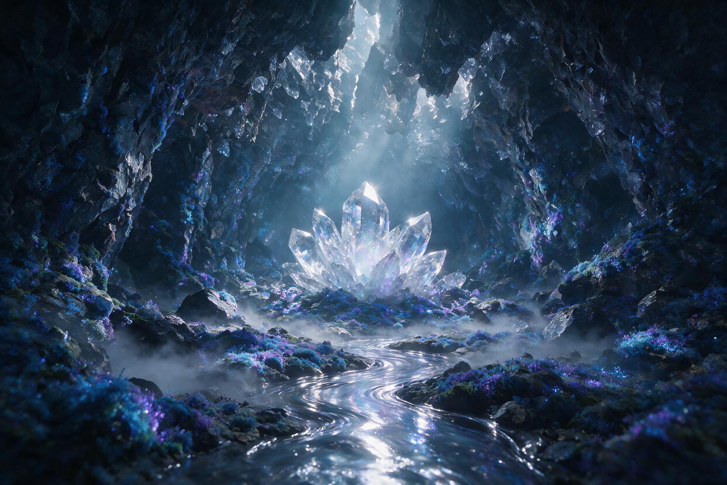 A luminous crystal cave deep underground, glowing blue and purple bioluminescent moss clinging to jagged walls, a small stream of liquid silver winding through the center, soft mist rising, ethereal light rays filtering through ceiling cracks, shallow depth of field focusing on a cluster of giant tr
