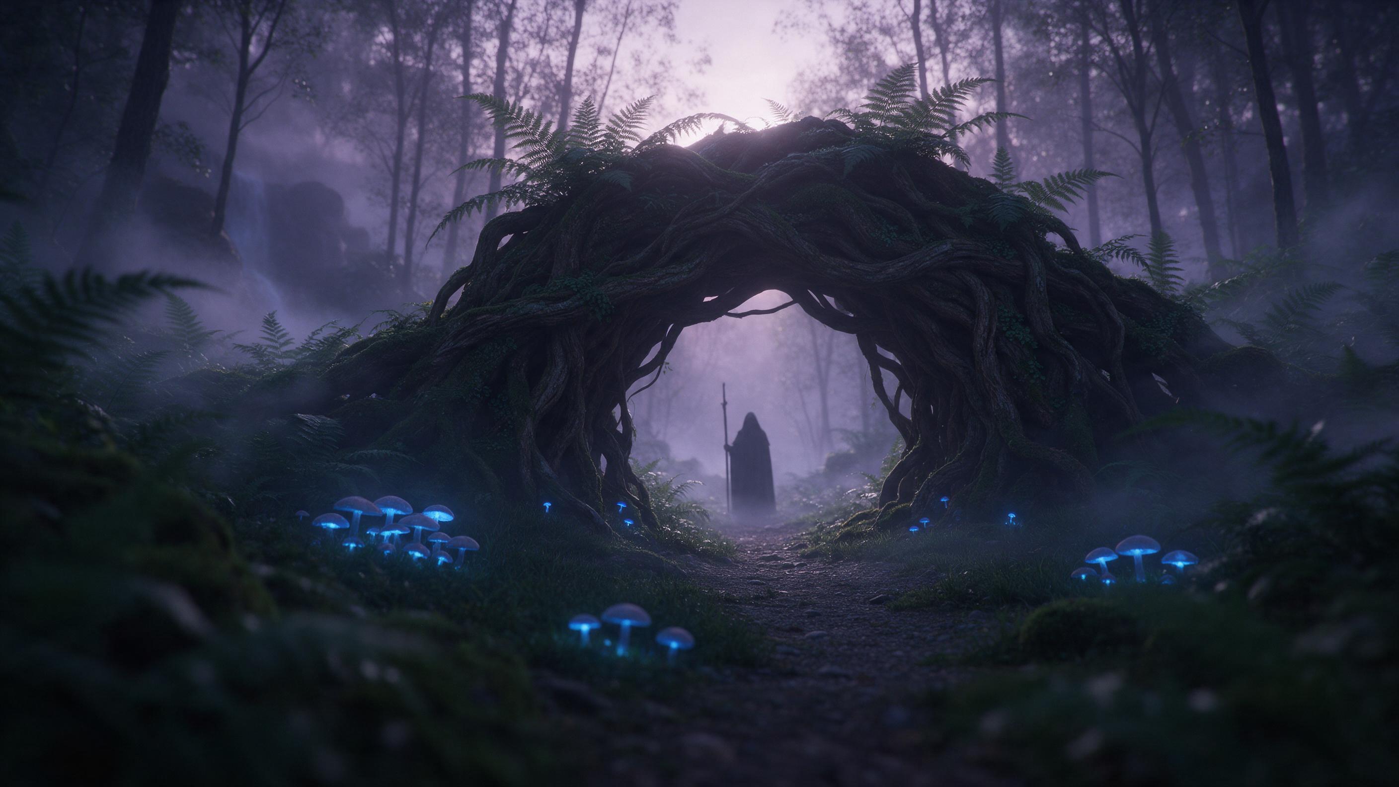 A misty ancient forest at dawn, colossal twisted tree roots forming a natural archway, glowing blue mushrooms casting soft light, ethereal fog weaving between ferns, a lone hooded figure with a staff standing in the distance, muted emerald and violet palette, cinematic rim lighting, shallow depth of