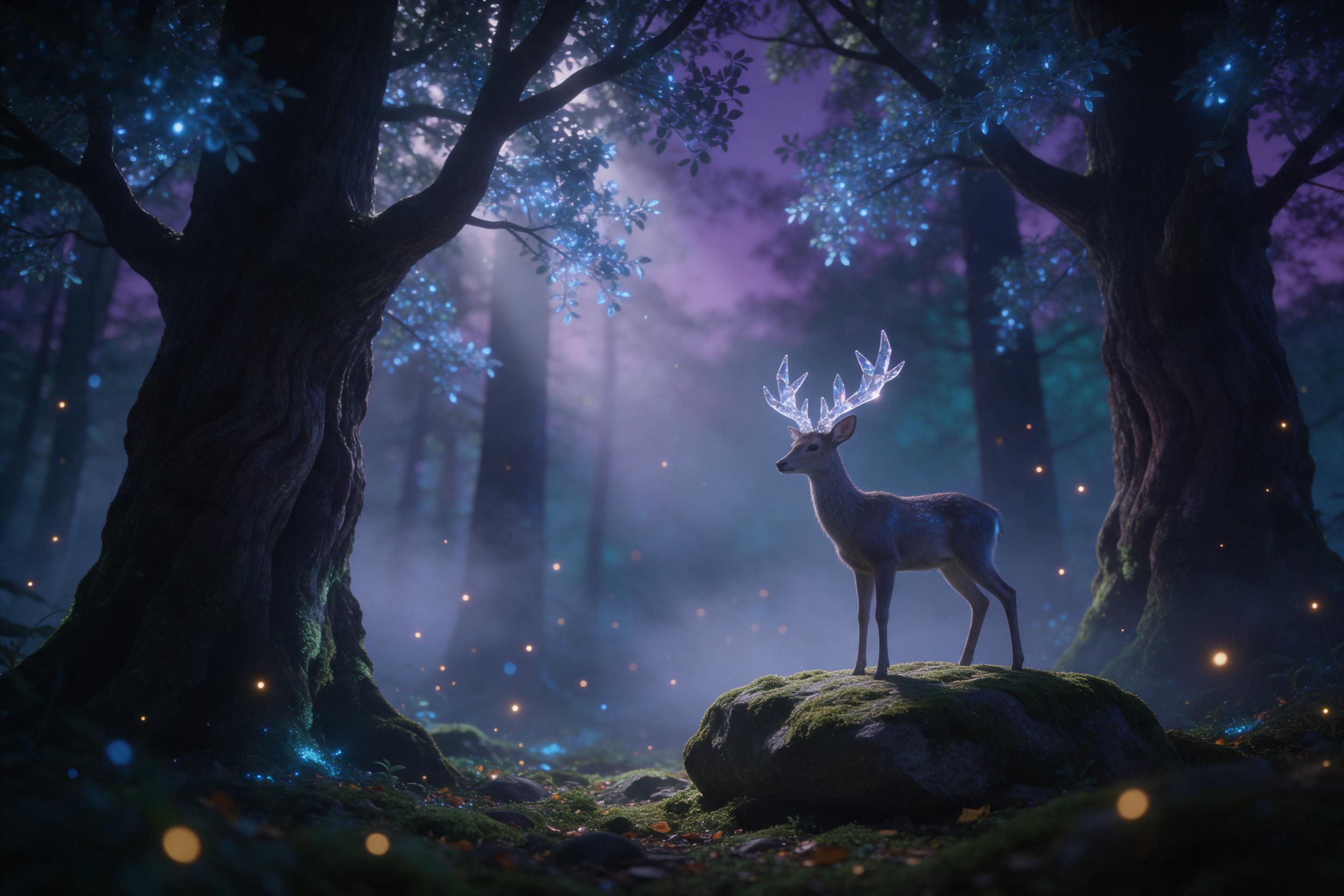 A mystical forest at twilight, ancient trees with glowing blue leaves, a small deer with crystal antlers standing on a mossy stone, soft mist between trunks, fireflies drifting like embers, deep purple and teal palette, ethereal light rays piercing the canopy, dreamlike atmosphere, gentle bokeh, cin