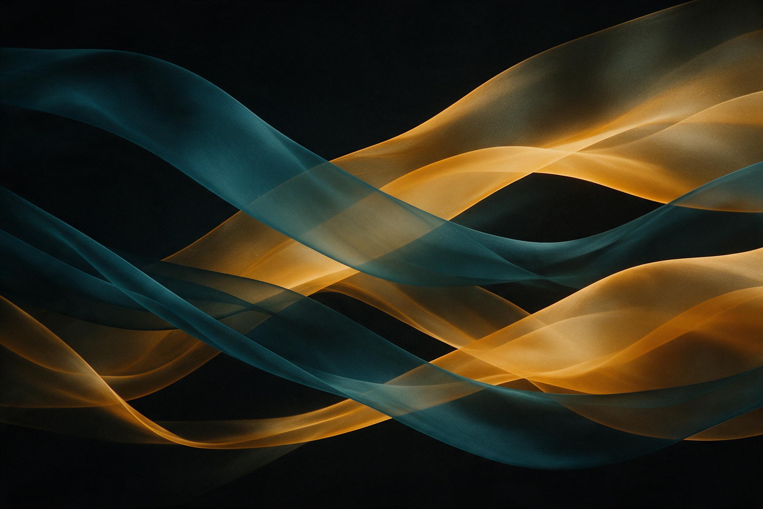 A minimalist composition of flowing translucent ribbons in deep teal and warm amber, intersecting over a matte black void, soft diffused studio lighting casting gentle gradients, subtle grain film texture, smooth curves dominating the frame, no text or sharp edges