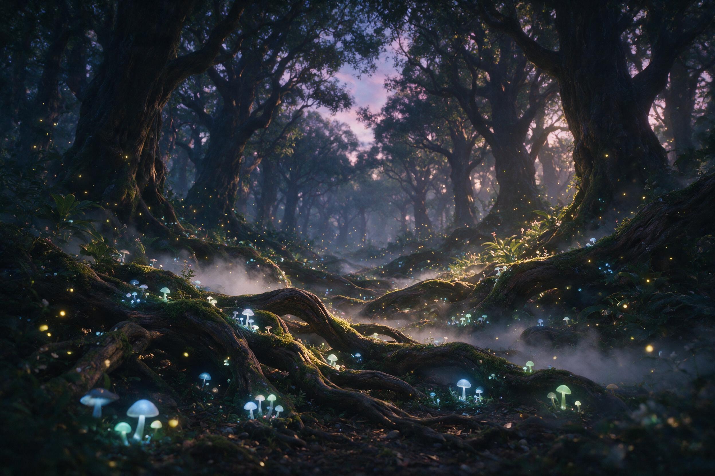 Ethereal forest at twilight, glowing bioluminescent mushrooms and floating fireflies, ancient twisted tree roots, soft mist hugging the ground, warm golden light filtering through canopy, shallow depth of field, cinematic composition, 35mm lens