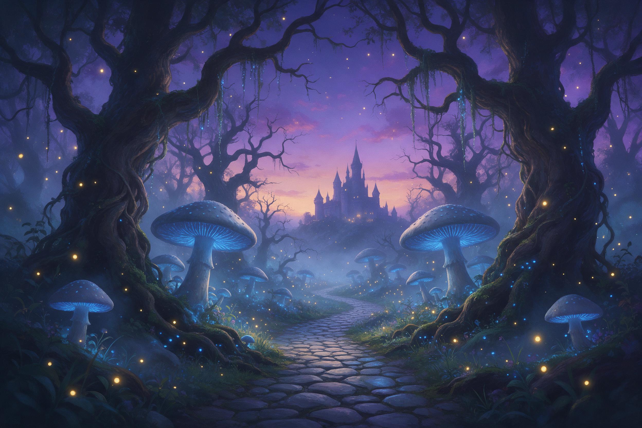 Enchanted forest at twilight, massive glowing mushrooms casting soft blue light, a winding cobblestone path leading to a distant castle silhouette, fireflies dancing in misty air, ancient twisted trees with hanging vines, ethereal atmosphere, soft volumetric lighting, dreamy painterly style