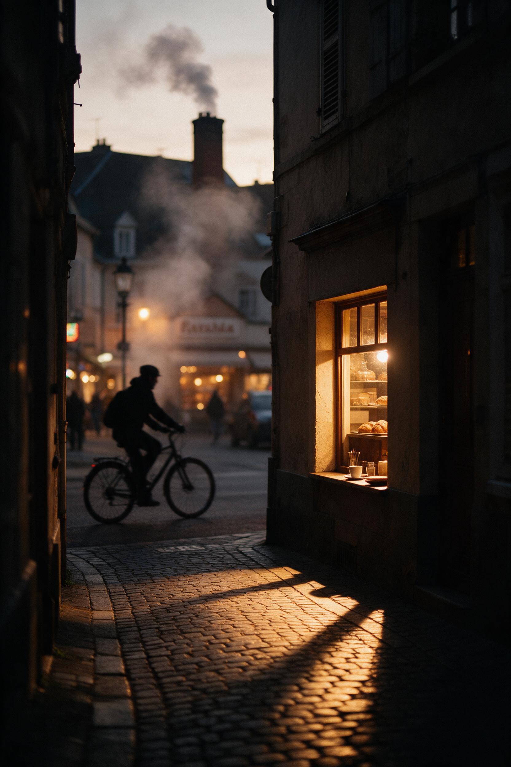 A cozy evening on a narrow European street, warm golden light spilling from a small cafe window onto cobblestones, silhouette of a cyclist passing, soft haze from a distant bakery chimney, shallow depth of field with bokeh, natural film grain.