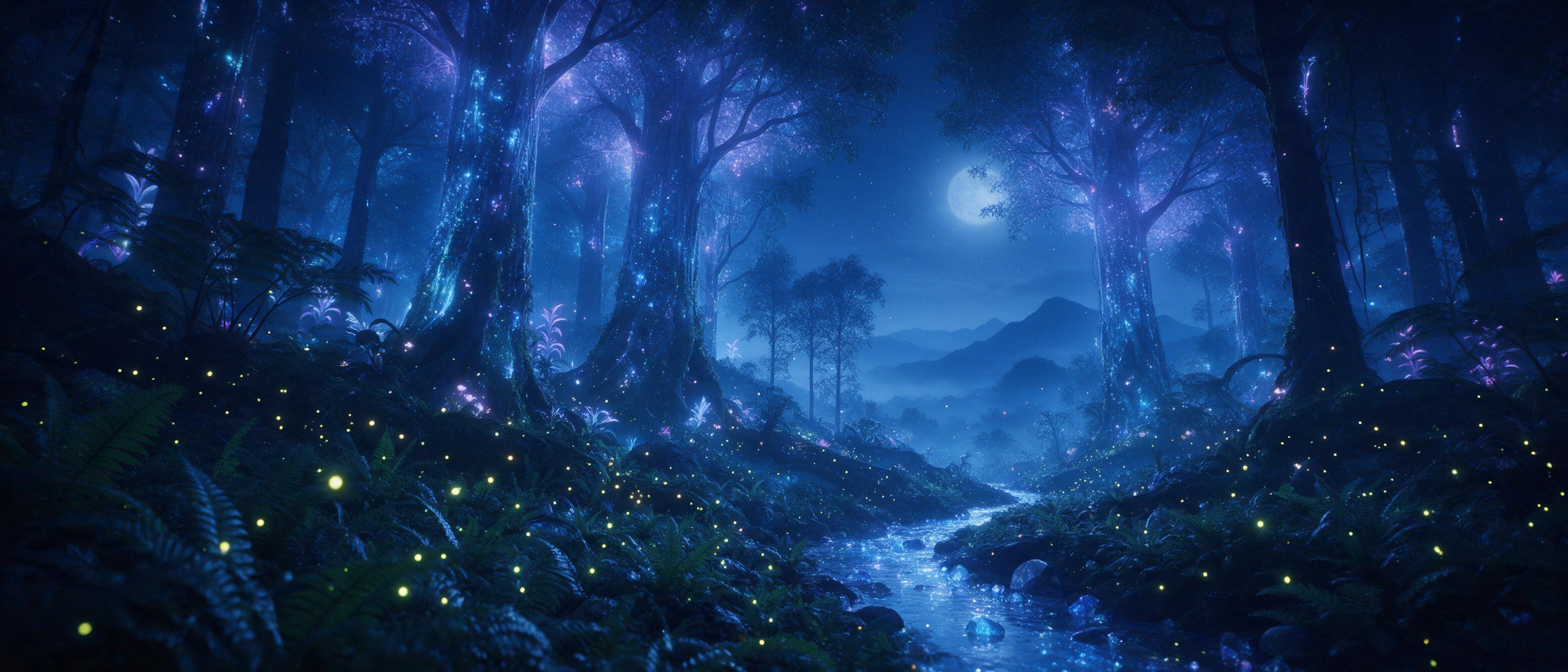 A moonlit ancient forest with towering bioluminescent trees, soft blue and purple glow, fireflies drifting between ferns, a winding crystal stream reflecting the stars, distant misty mountains, ethereal atmosphere, cinematic wide angle