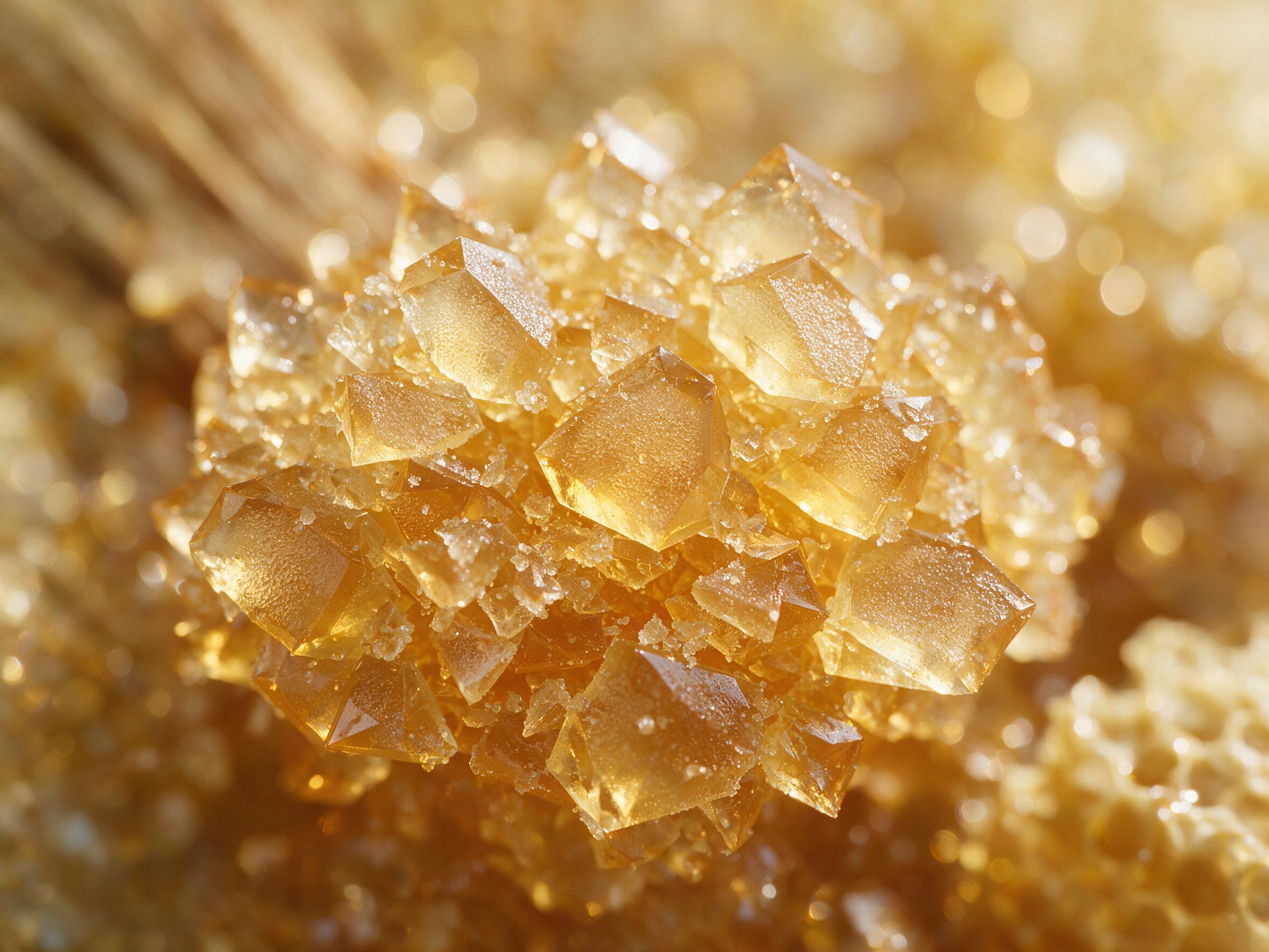 A macro shot of crystallized honey, golden amber light filtering through sharp geometric shards, soft bokeh background, subtle warm glow, natural texture of sugar crystals, minimalist composition, shallow depth of field