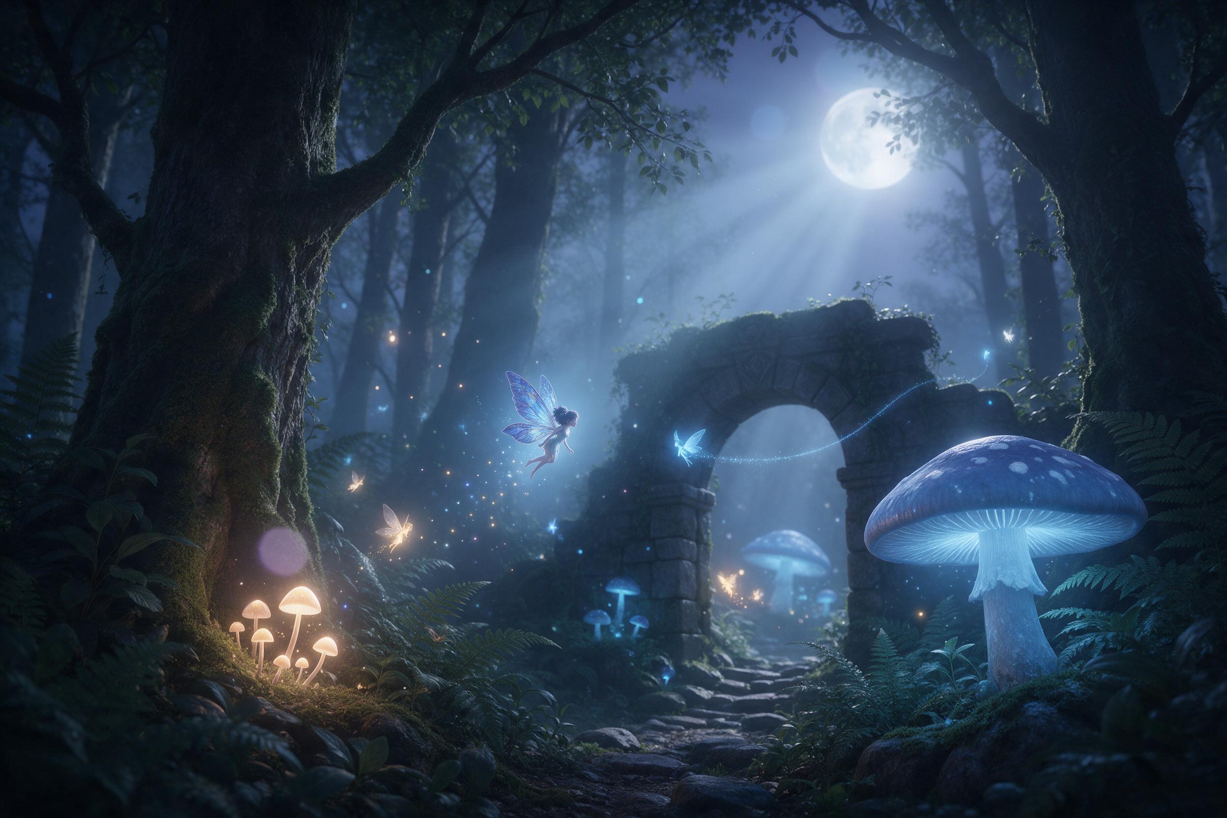 A misty twilight forest where giant bioluminescent mushrooms emit soft blue glow, tiny winged fairies with glowing trails flit between ferns, ancient mossy stone archway in background, moonlight rays pierce canopy, ethereal atmosphere, soft focus edges, subtle lens flare