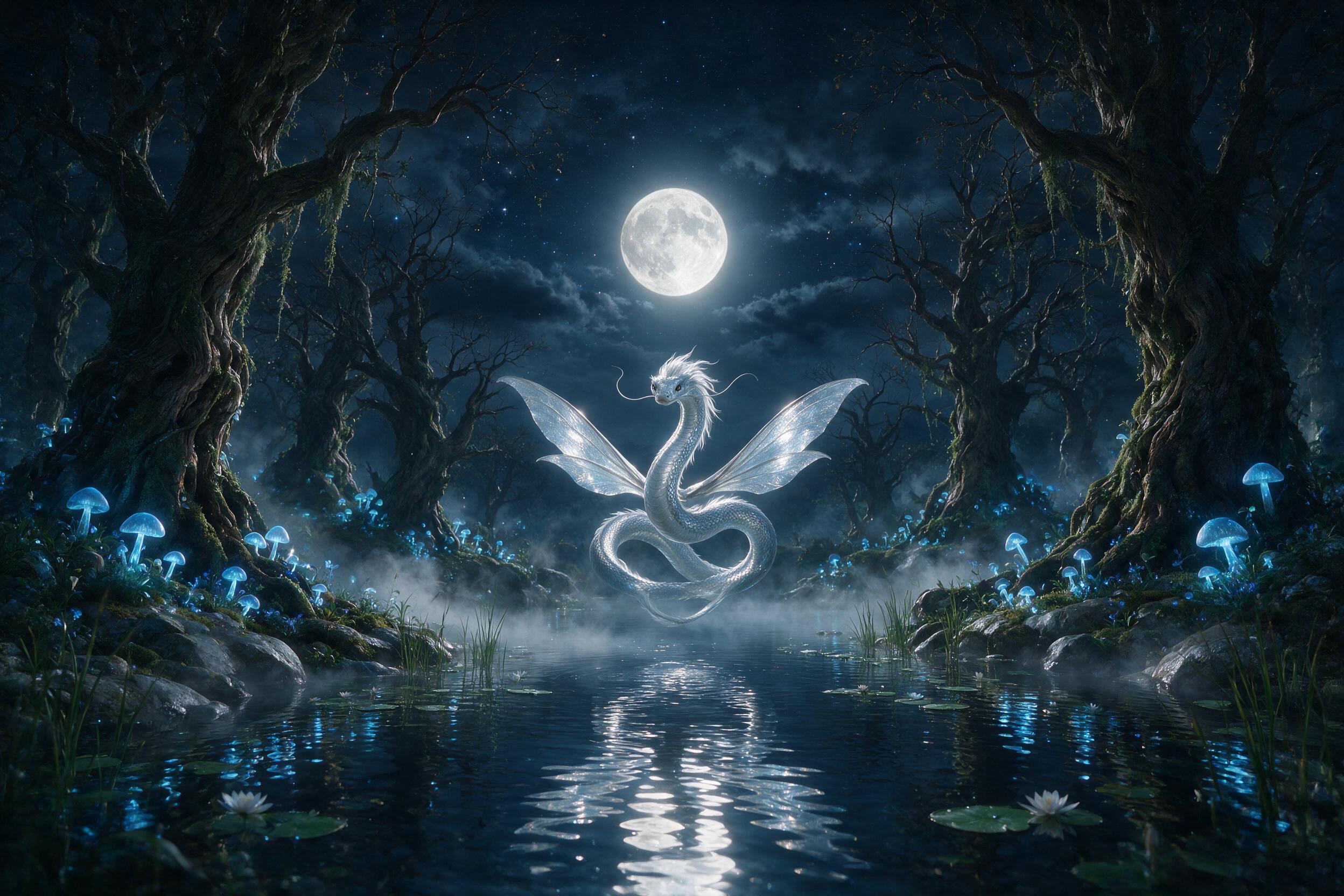 A luminous moonlit lake surrounded by ancient, gnarled trees with glowing blue mushrooms at their roots. Ethereal mist swirls above the water, where a lone silver-scaled serpent with translucent wings coils mid-air. Soft bioluminescence from the mushrooms casts a cool, magical glow on the scene. Sho