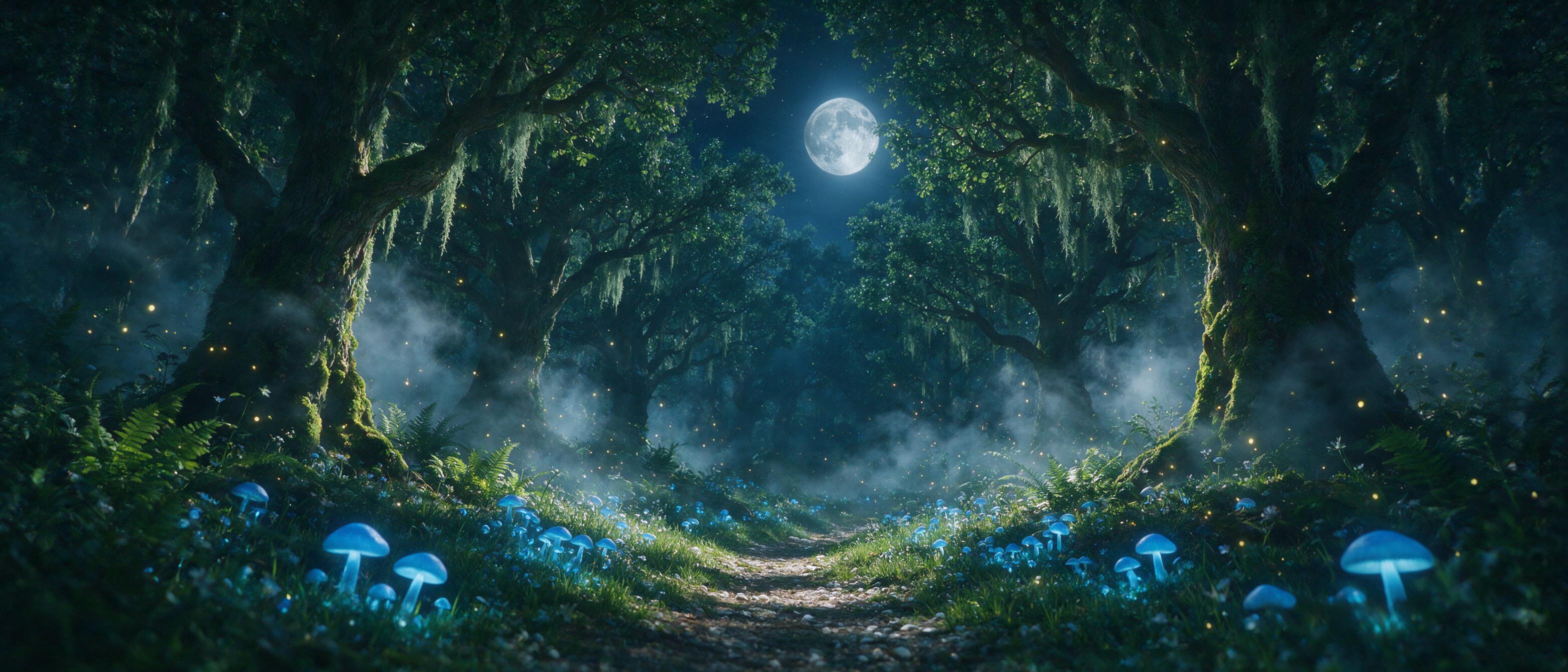 A moonlit enchanted forest with glowing blue mushrooms lining a winding path, silver mist weaving between ancient oak trees, fireflies drifting like tiny lanterns, soft volumetric light filtering through canopy, cinematic wide shot, subtle grain, no people.