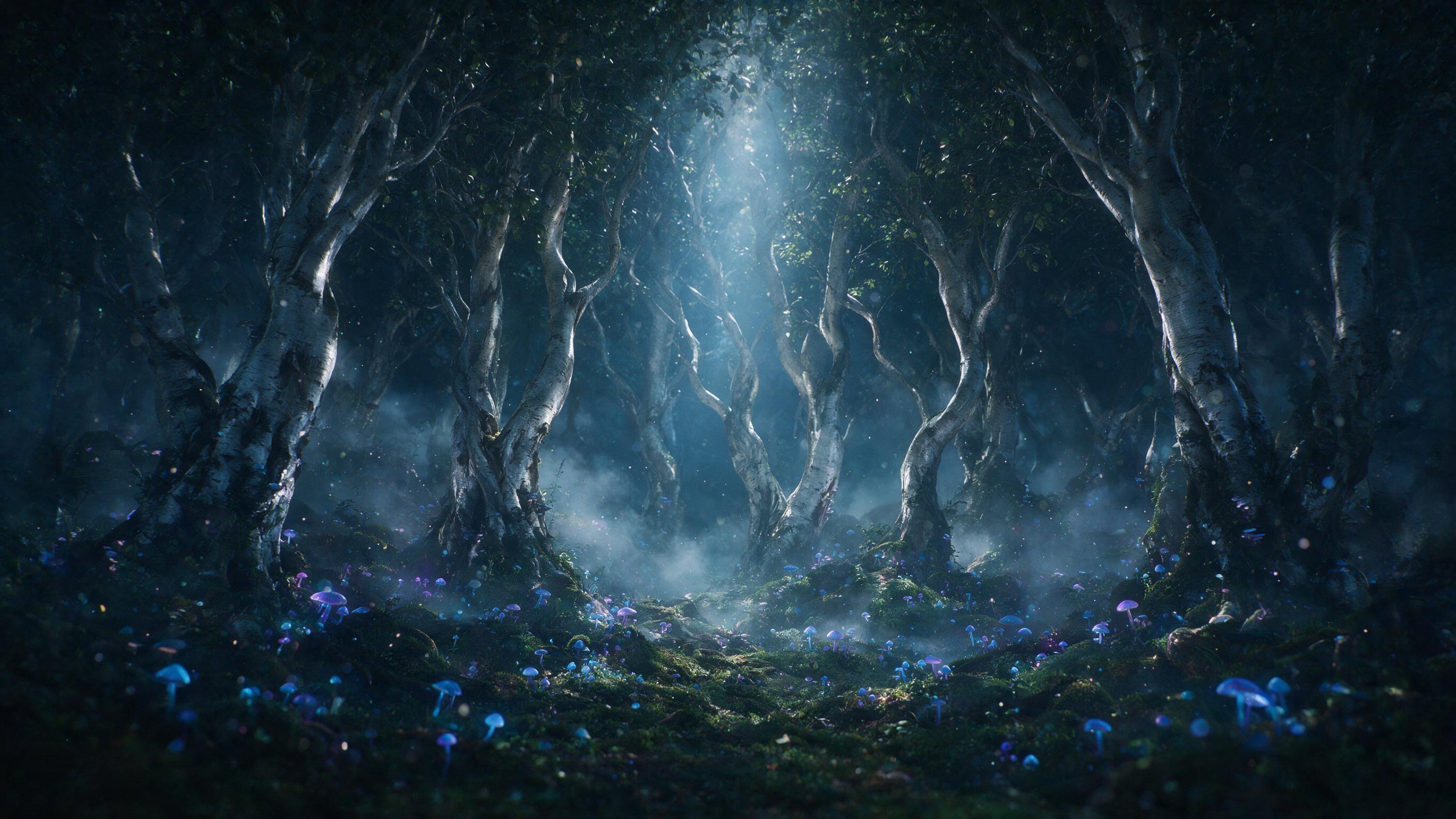 A luminous crystalline forest at twilight, glowing blue and purple mushrooms dot the mossy ground, ancient trees with silver bark twist upward, soft mist swirls between trunks, a single beam of moonlight breaks through the canopy, dreamy atmosphere with subtle bokeh, ethereal light particles floatin