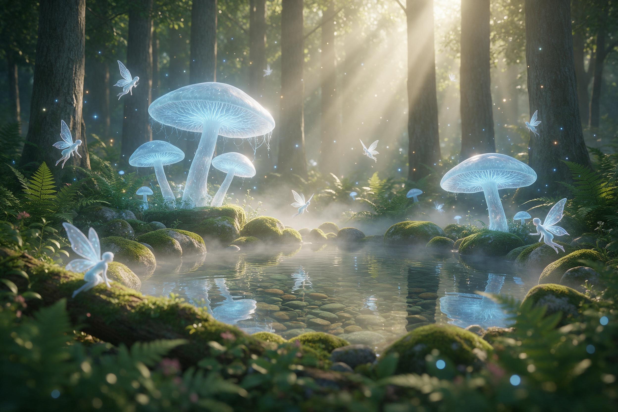 A sunlit forest clearing where giant glowing mushrooms pulse with soft blue light, tiny winged fairies with translucent wings flit between ferns, moss-covered stones encircle a crystal-clear pool reflecting the canopy, mist drifting low, golden hour rays filtering through leaves, soft focus foregrou