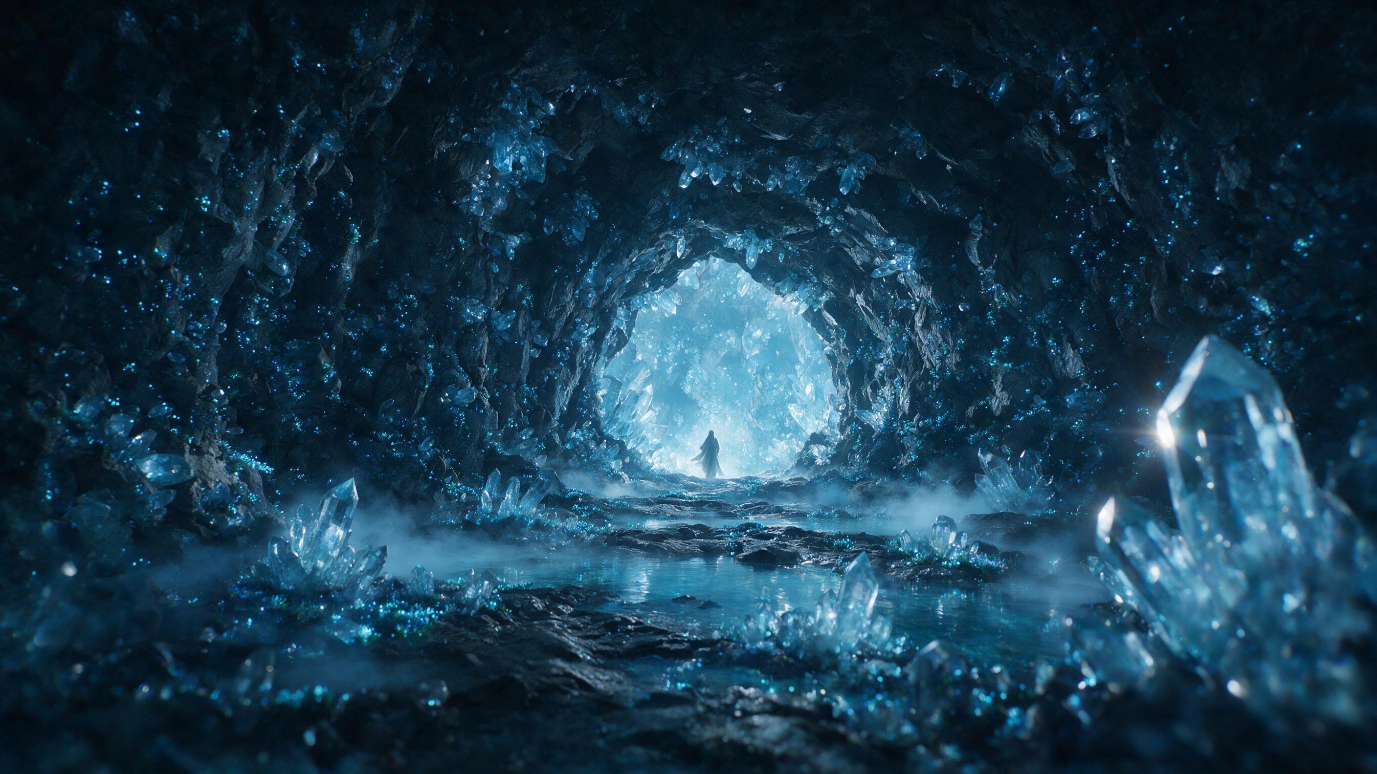 A glowing crystal cave deep underground, bioluminescent moss clinging to jagged walls, ethereal blue light pools on the floor, a lone figure in a flowing robe stands at the entrance, soft mist swirls, cinematic composition with dramatic shadows, shallow depth of field, slight lens flare from the cry