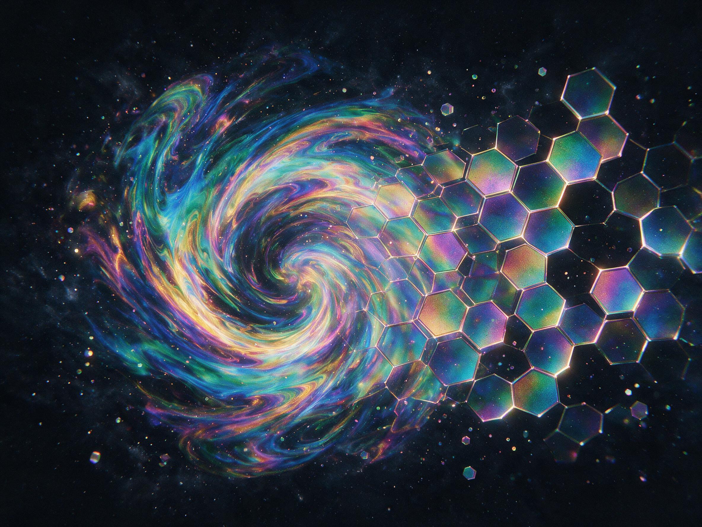 A swirling vortex of iridescent colors, merging with geometric honeycomb patterns, floating in a void of deep black. Soft, diffused light from an unseen source, casting subtle reflections. The composition is asymmetrical, with a sense of dynamic balance. Grainy texture, slight chromatic aberration.