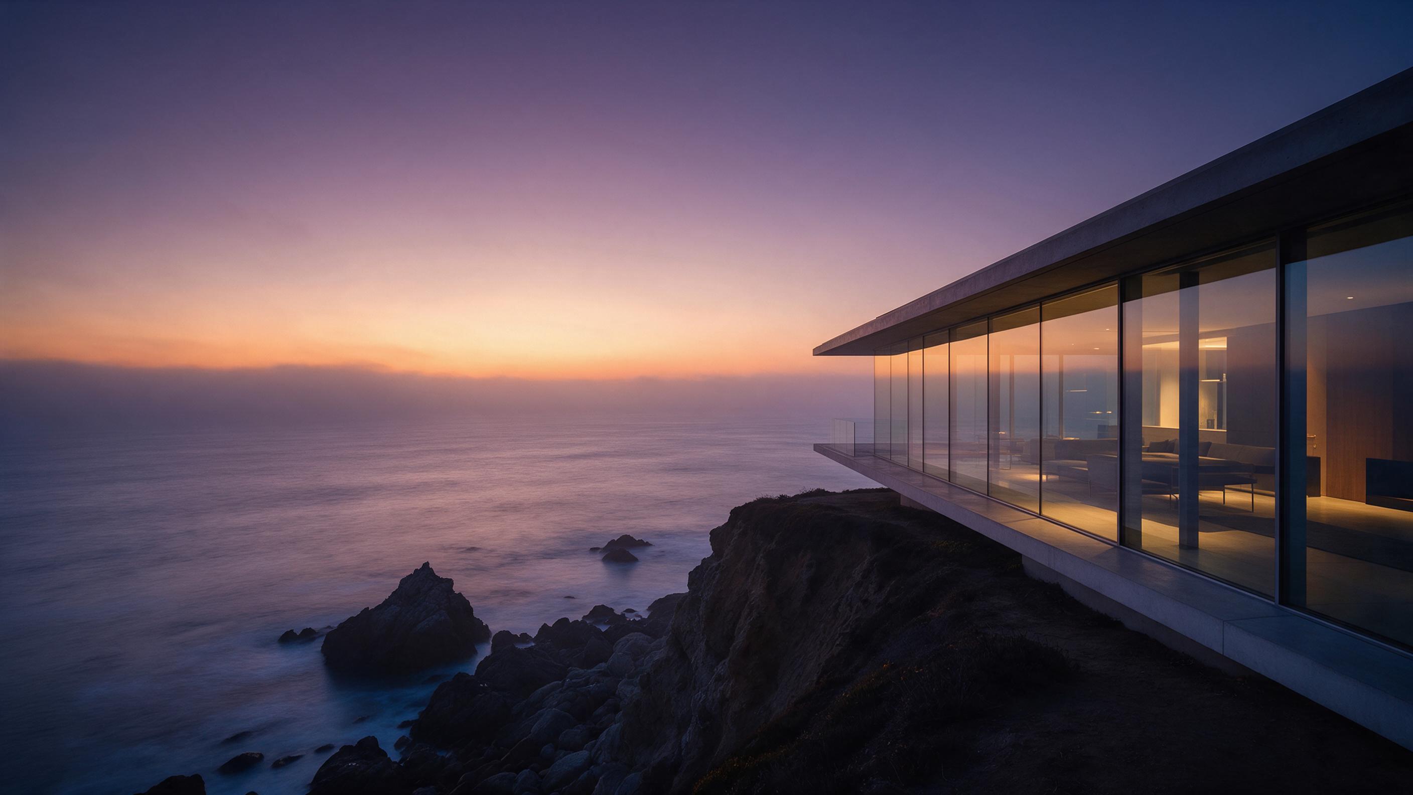 Minimalist modern house on a cliff edge overlooking the Pacific at dusk, floor-to-ceiling glass walls reflecting warm interior light, cool blue exterior shadows, misty ocean horizon, jagged rocks below, soft gradient sky from orange to deep purple, long exposure smooth water, architectural photograp