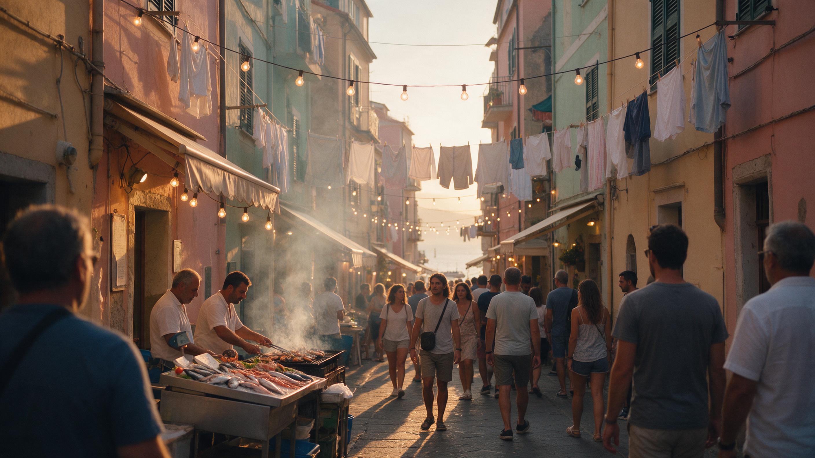 A bustling narrow alley in a Mediterranean coastal town at dusk, warm string lights overhead, laundry lines between pastel facades, a vendor selling fresh seafood at a corner, gentle haze from grilling, pedestrians with evening stroll, natural golden-hour glow, shallow depth of field, slight grain.