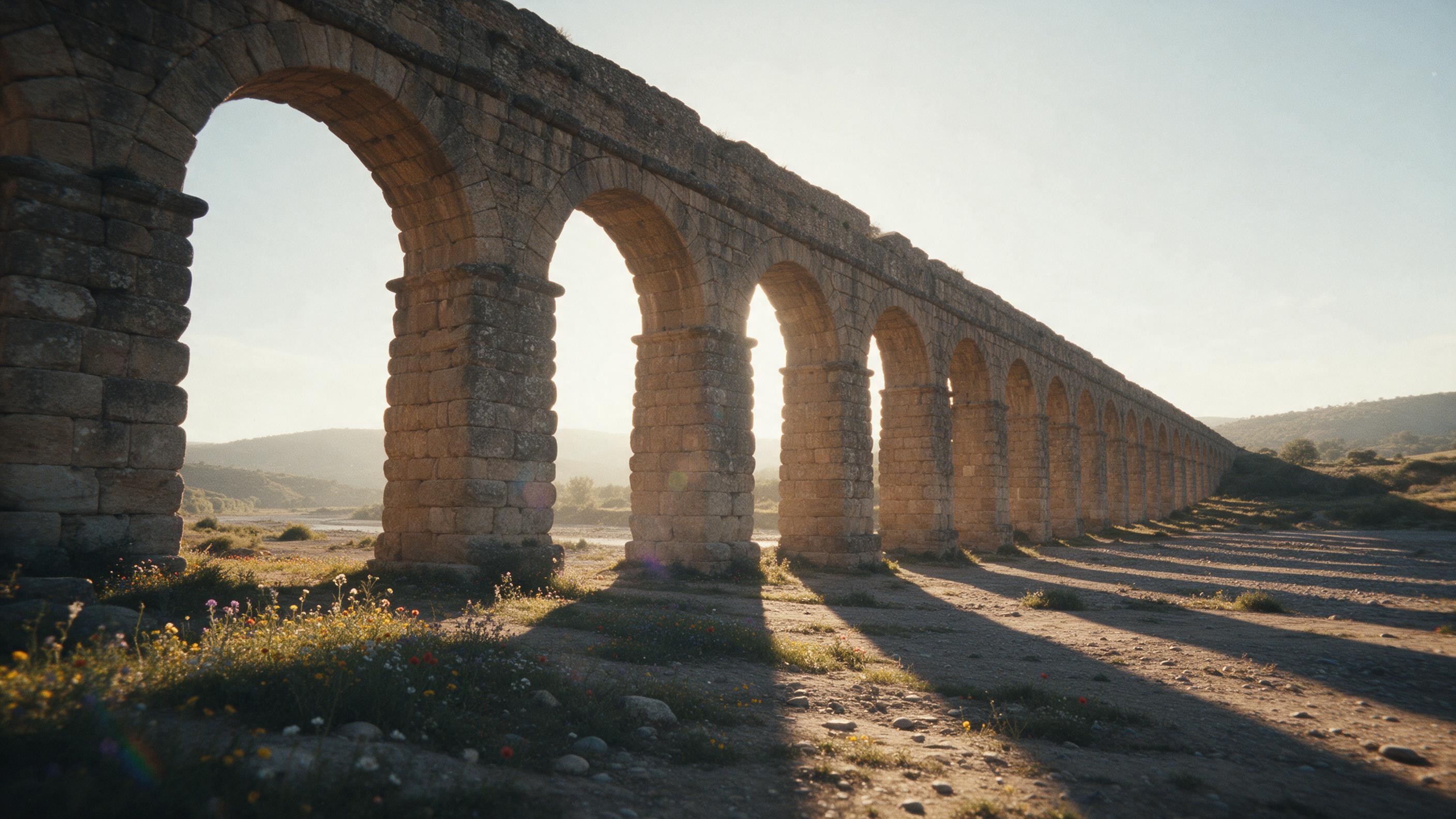 An ancient Roman aqueduct ruins at golden hour, weathered stone arches stretching over a dry riverbed, wildflowers scattered at the base, warm sunlight casting long shadows through the arches, distant hills shrouded in soft haze, natural film grain, slight lens flare, composition with strong one-poi