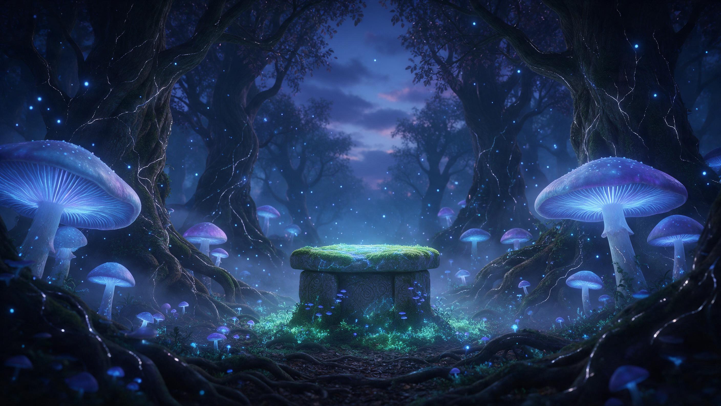 An enchanted forest glade at twilight, massive bioluminescent mushrooms glowing in soft blue and violet, their spores drifting like fireflies through misty air. A small stone altar overgrown with glowing moss sits center, surrounded by gnarled ancient trees whose roots weave with silver veins. Faint