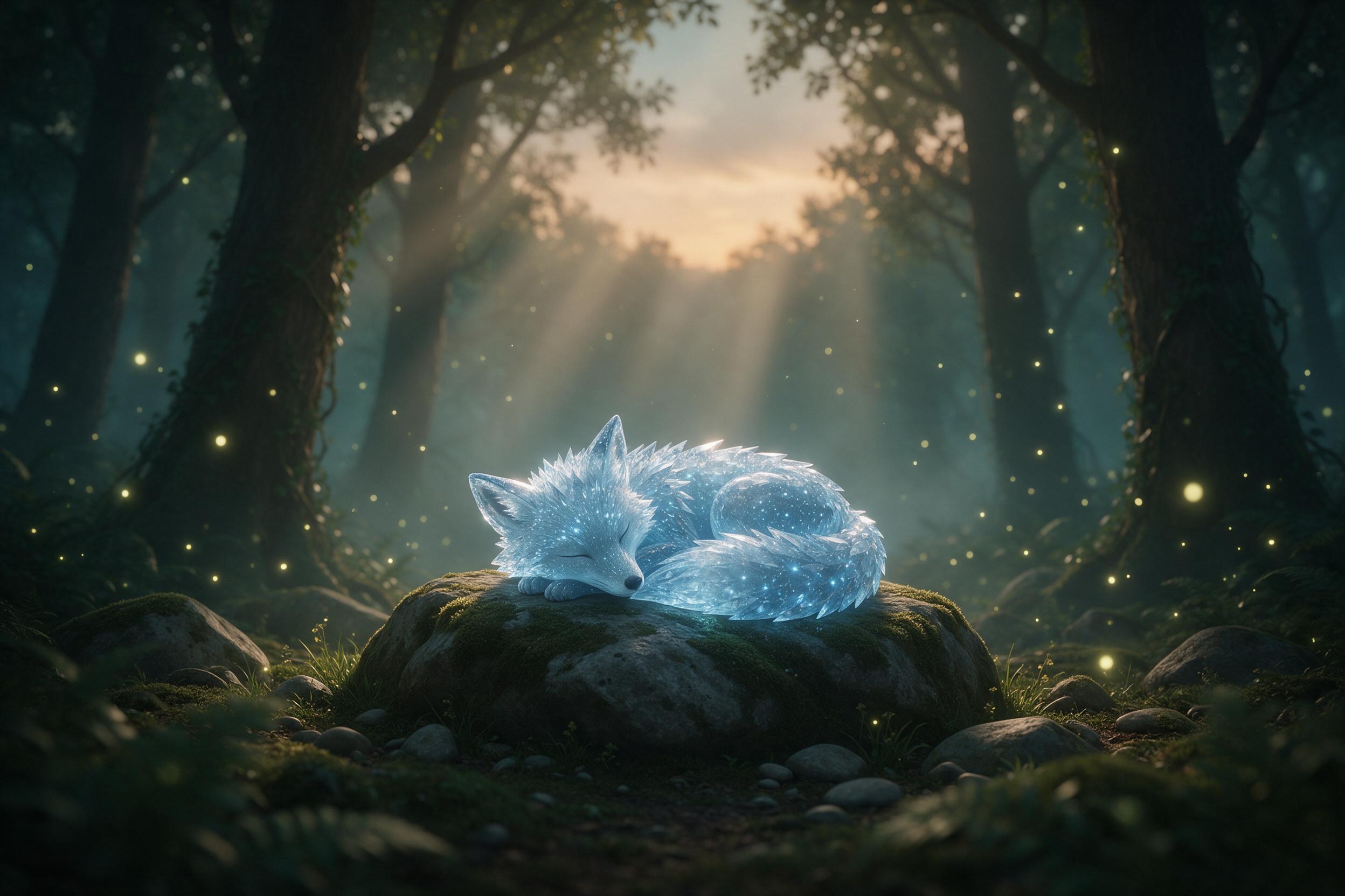A misty forest clearing at dusk, a lone glowing blue crystal fox curls asleep on a mossy stone, fireflies drift like stars, soft volumetric light rays slant through ancient trees, muted teal and amber palette, shallow depth of field, ethereal atmosphere, no people