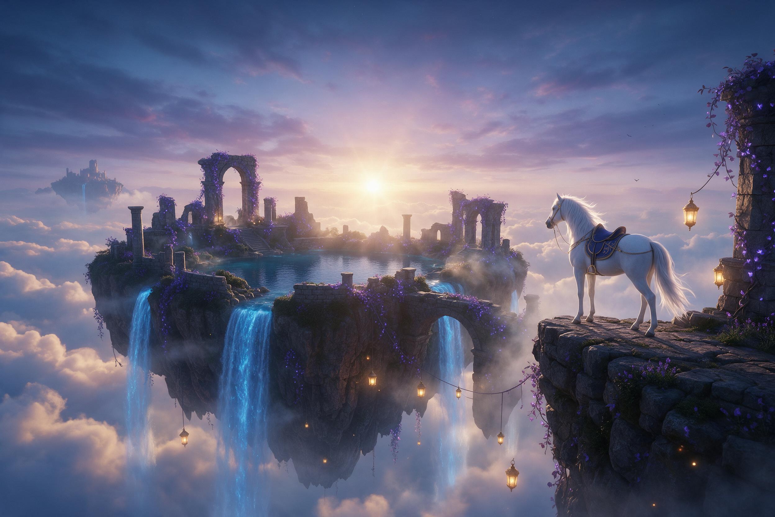 A magical floating island at twilight, glowing blue waterfalls cascading into clouds below, ancient stone ruins overgrown with luminescent violet vines, a lone white horse with silver mane standing on the cliff edge, warm golden lanterns suspended in the air, soft mist, dramatic backlight from a set