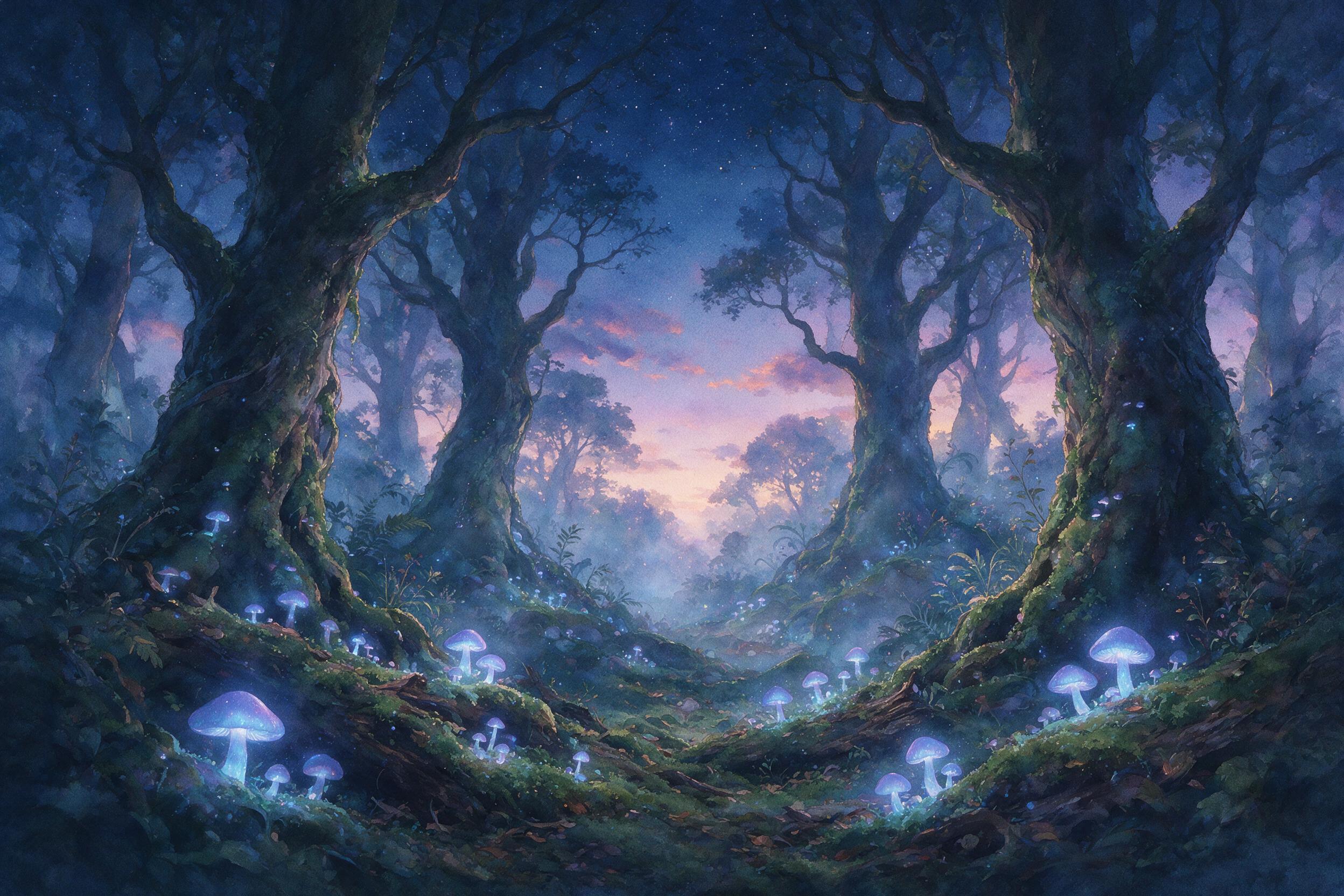 A luminous forest at twilight, glowing mushrooms scattered among ancient moss-covered trees, soft blue and purple bioluminescent light, gentle mist swirling between trunks, shallow depth of field, dreamy atmosphere, slight grain, watercolor texture