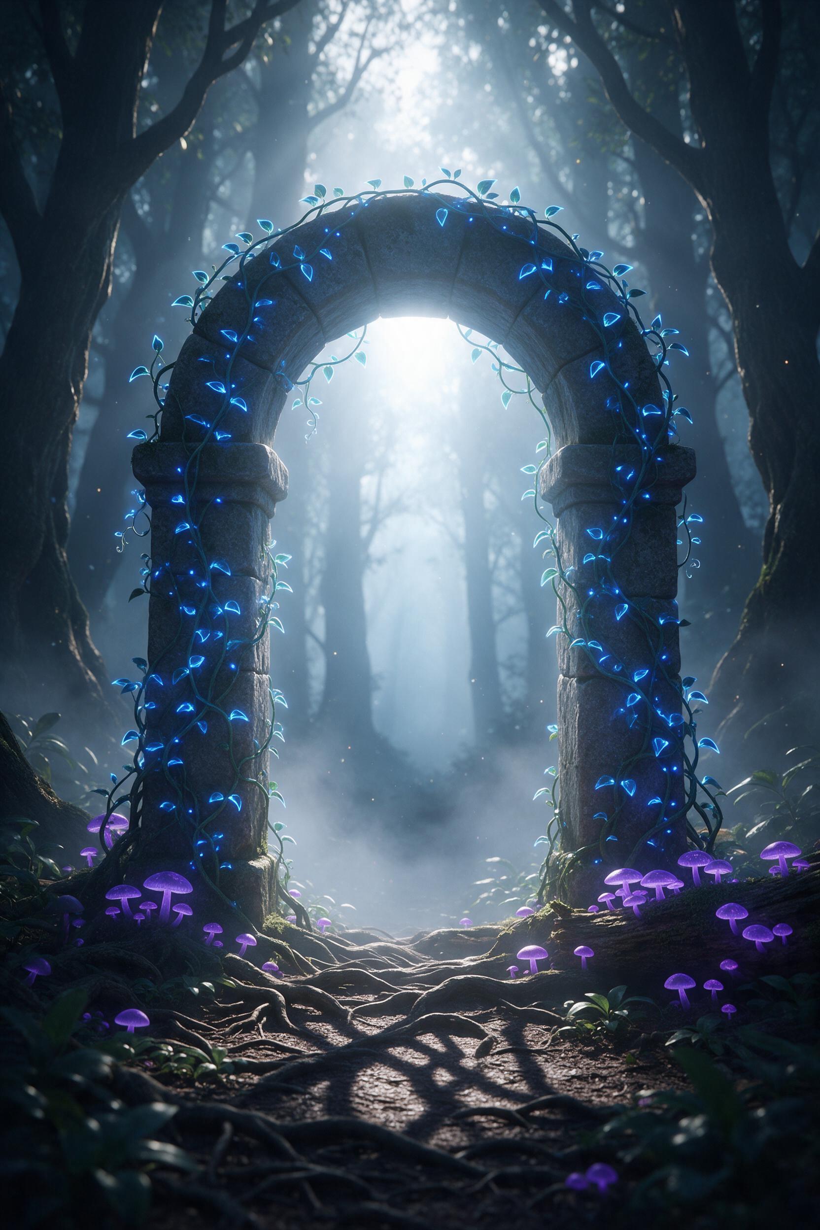 An ancient stone archway overgrown with luminous blue vines and glowing purple mushrooms, standing in a misty enchanted forest. A faint ethereal glow emerges from behind the arch, casting long shadows of twisted tree roots. Soft volumetric light filters through canopy, with floating particles and a 