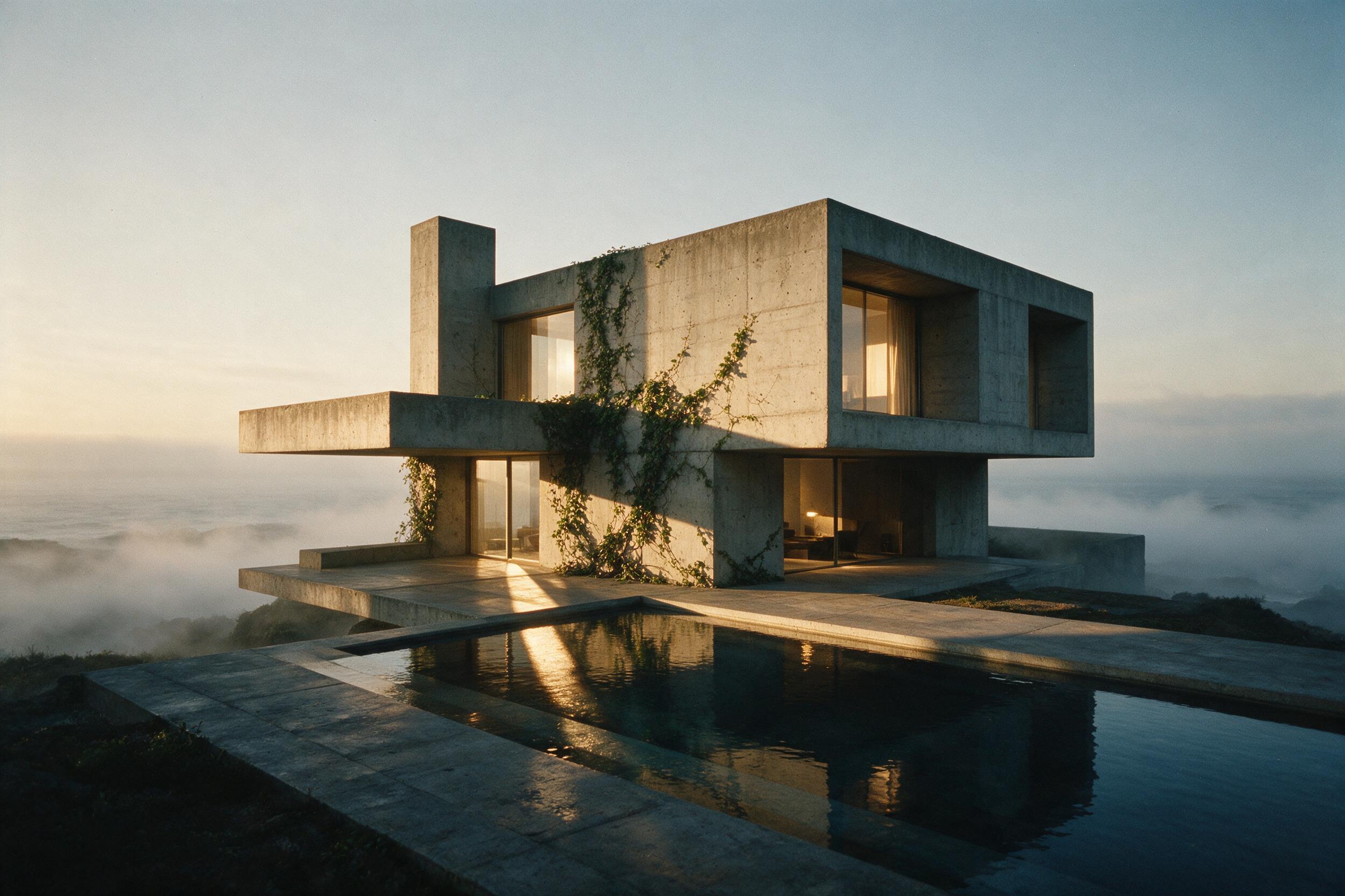 a minimalist brutalist concrete villa at golden hour, long shadows cast across a reflecting pool, fog rolling in from the ocean, overgrown green vines creeping up the facade, soft warm light from windows, shot on medium format film with slight grain