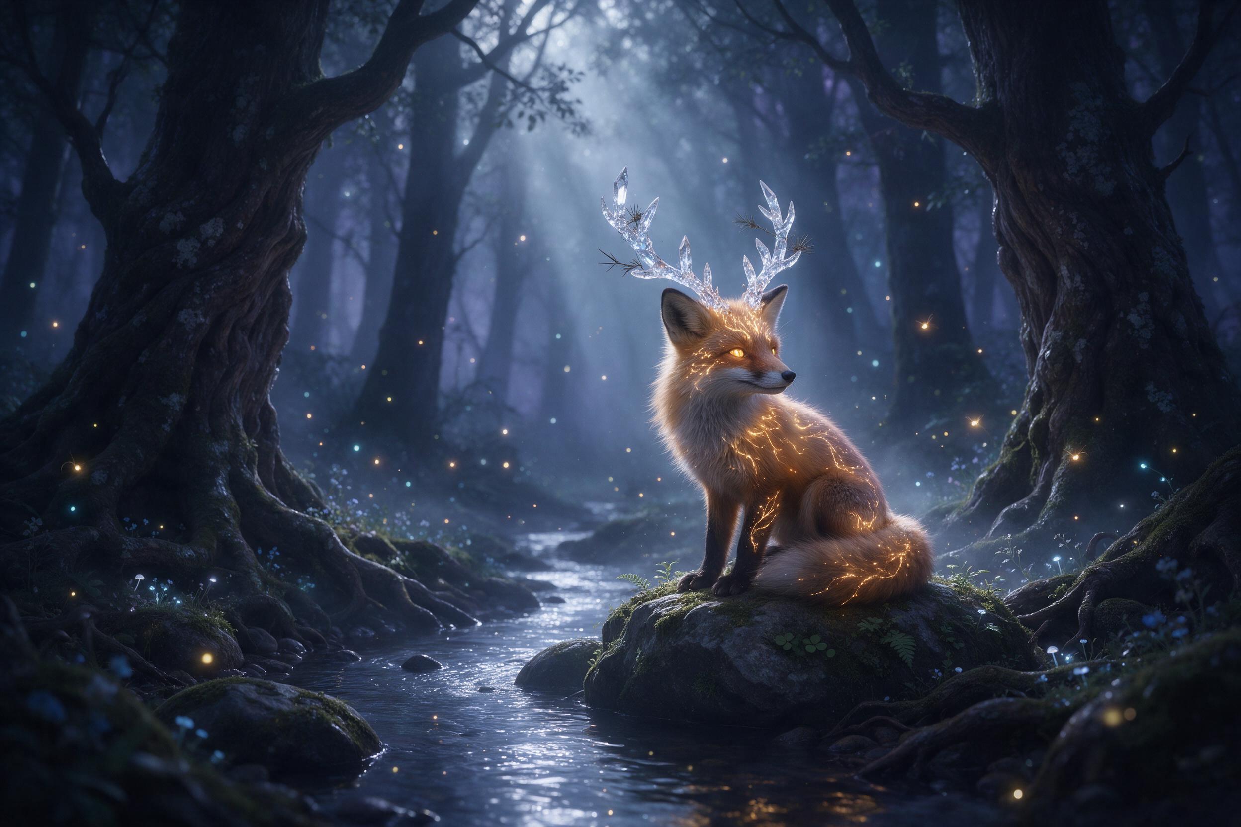 In a mist-shrouded twilight forest, a small glowing fox with crystal antlers sits beside a silver stream, its fur soft with bioluminescent patterns. Fireflies drift like living stars, and ancient trees twist with roots that shimmer in the damp air. Diffuse moonlight filters through canopy, casting a
