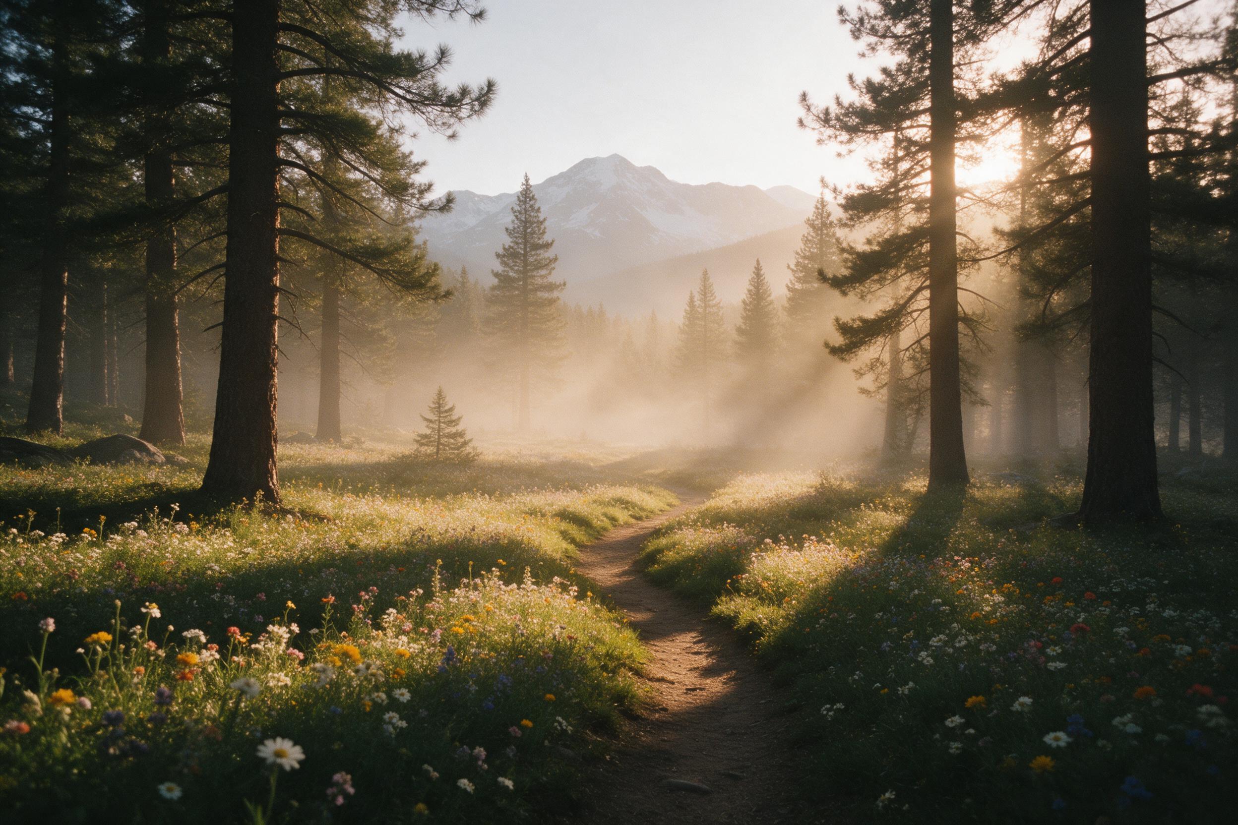 Golden hour light pierces through a misty pine forest, casting long shadows over a carpet of wildflowers; a winding dirt trail leads toward distant snow-capped mountains, with soft haze and warm amber tones, shot on 35mm film, natural grain.