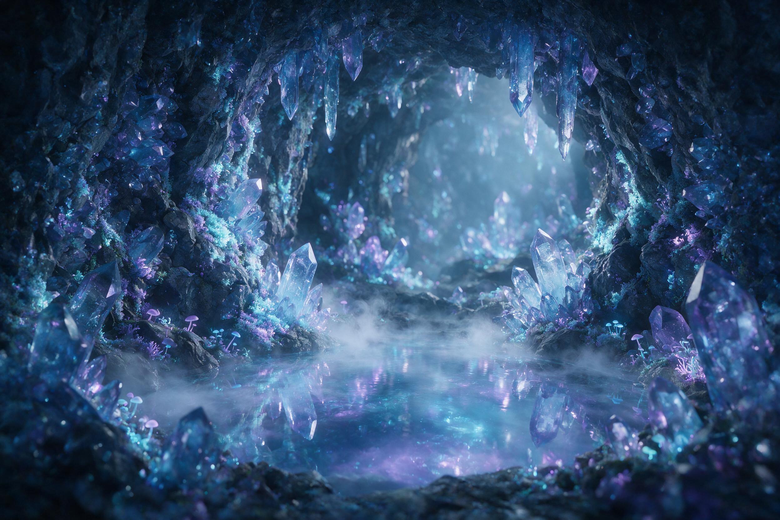 A glowing crystal cave deep underground, bioluminescent moss and fungi lighting the jagged walls, a small pool of clear water reflecting the ethereal blue and purple light, mist swirling gently, soft focus, dreamy atmosphere