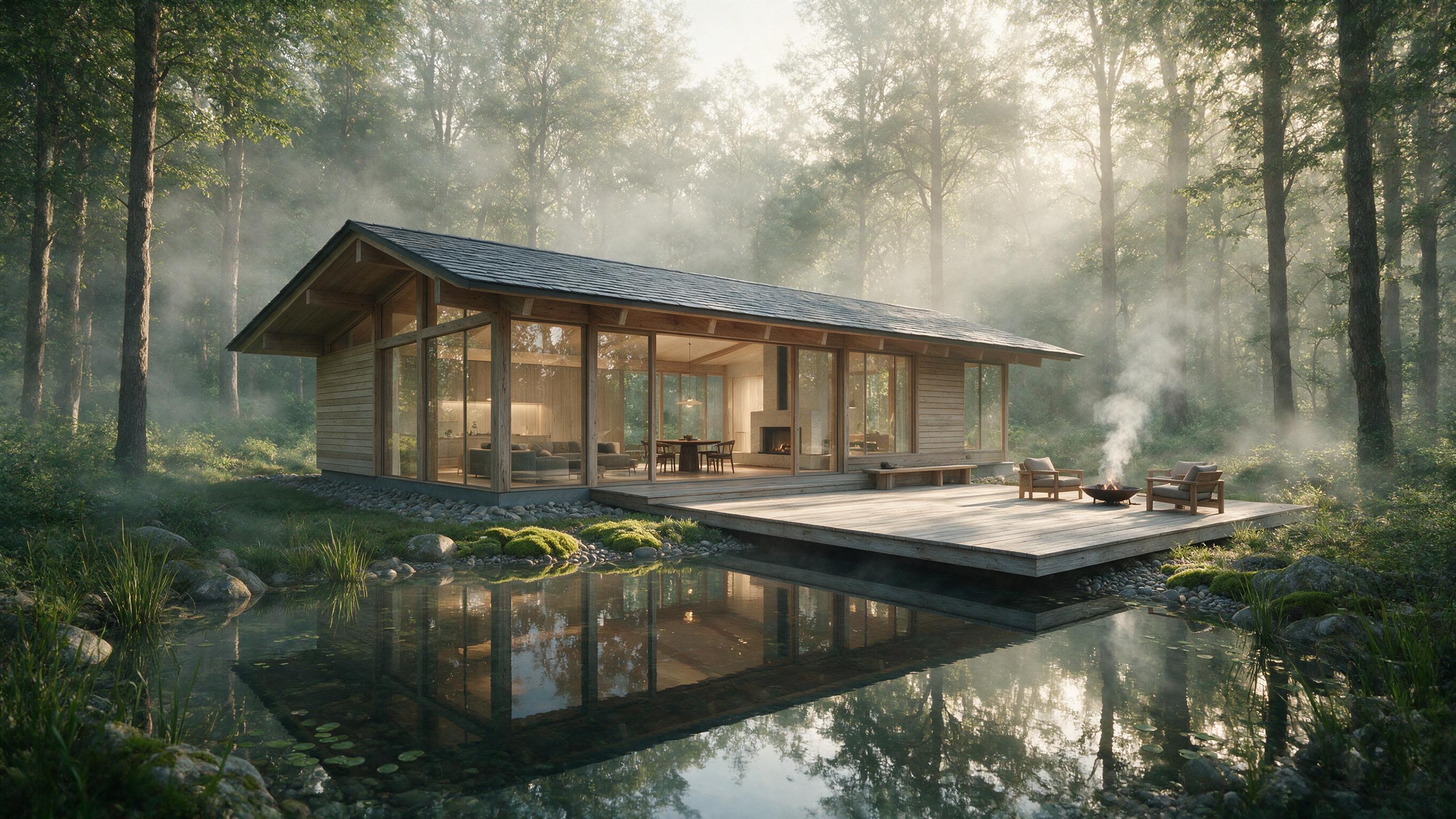 A minimalist modern house with large glass windows, nestled in a misty forest at dawn. Soft, diffused sunlight filters through the trees, casting gentle shadows on the wooden deck. The reflection of the house shimmers in a calm, crystal-clear pond. Clean lines, geometric shapes, and natural material