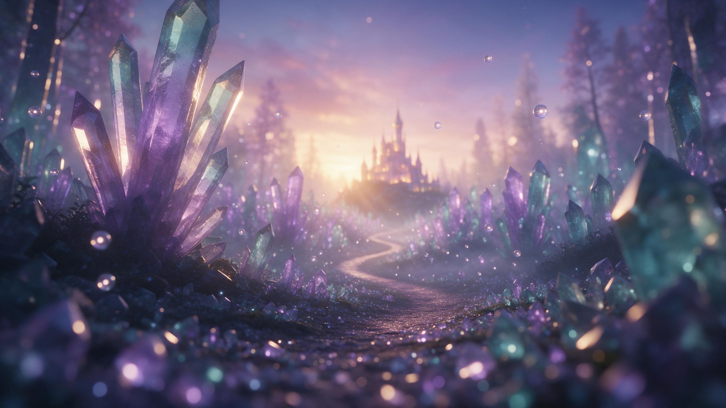 A luminous crystal forest at dusk, tall translucent trees glowing with soft violet and teal light, floating spores drifting like fireflies, a winding path leading to a distant glowing castle, misty atmosphere, dramatic backlighting, shallow depth of field