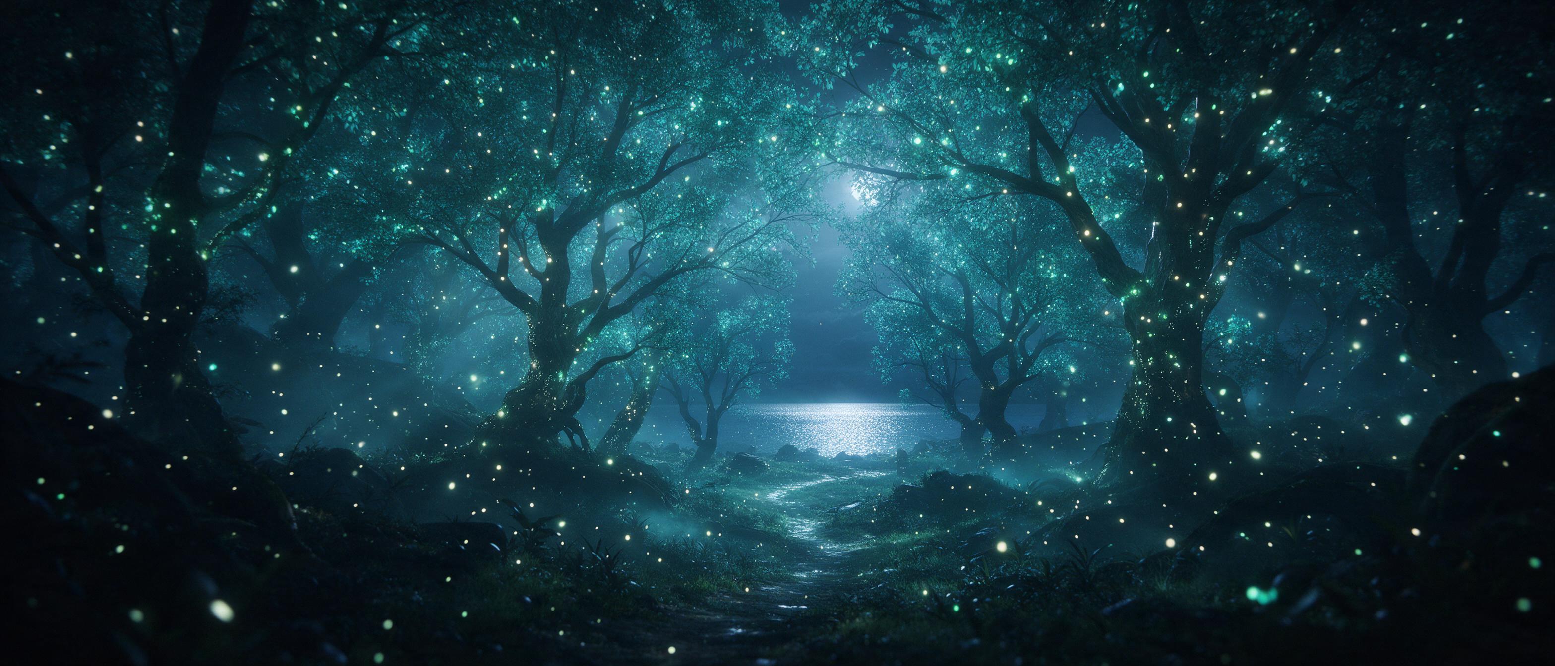 A moonlit bioluminescent forest, ancient glowing trees with teal leaves, floating spores like fireflies, a winding path leading to a shimmering silver lake, misty air, soft volumetric light through canopy, cinematic wide shot, ethereal atmosphere