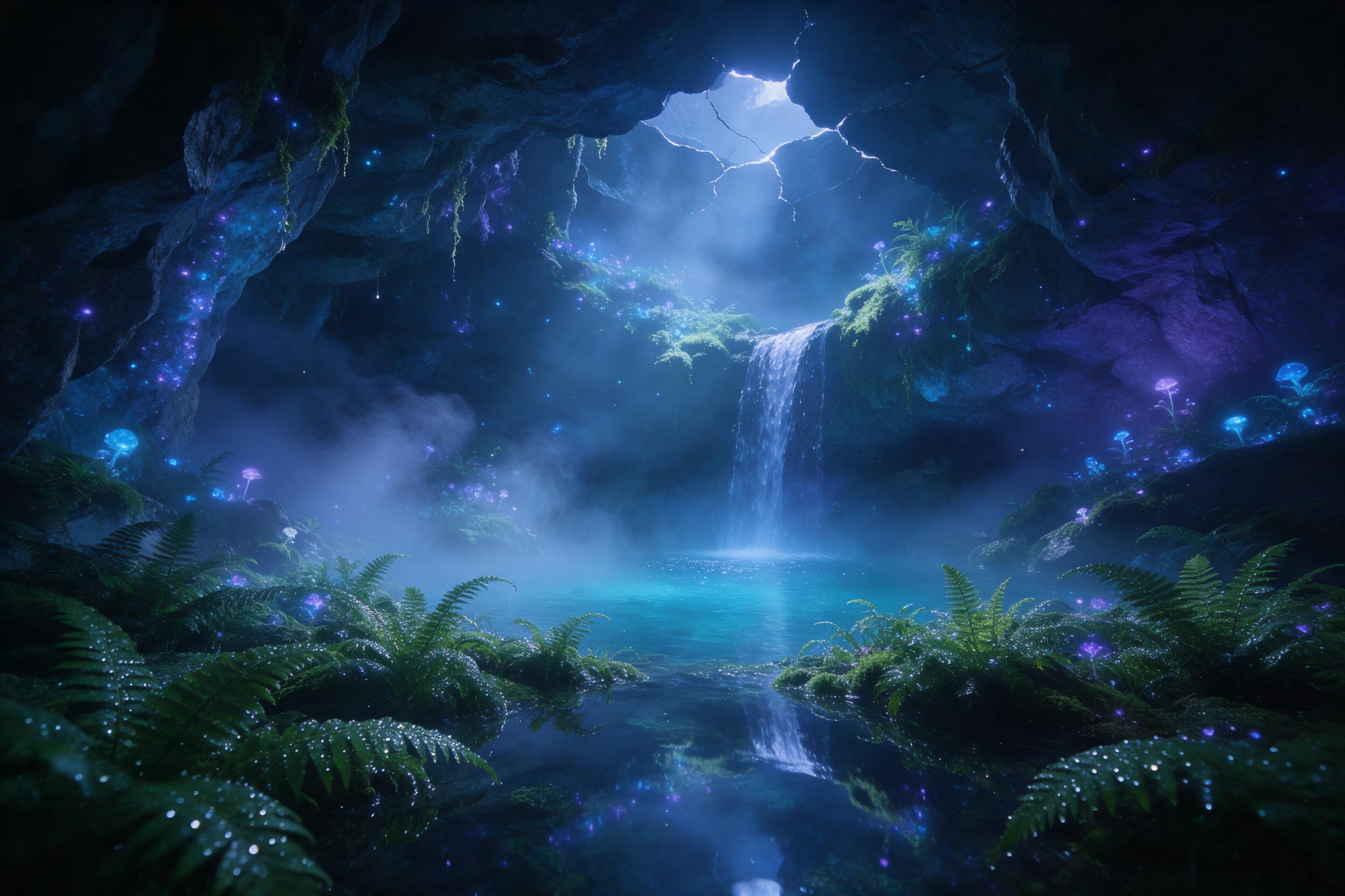 A hidden crystal cavern glowing with bioluminescent fungi and moss, a small waterfall cascading into a turquoise pool, ethereal mist swirling, shafts of moonlight piercing through a ceiling crack, luminous azure and violet palette, lush ferns dripping with dew, soft reflections in still water, magic