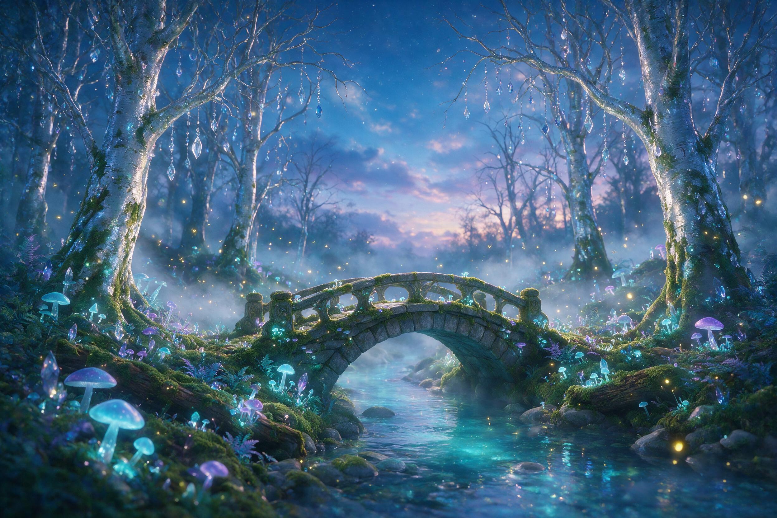 A glowing crystal forest at twilight, bioluminescent blue and purple mushrooms, fog rolling between twisted silver trees, fireflies drifting like stars, a small stone bridge over a luminous stream, soft diffused light, shallow depth of field, dreamy ethereal atmosphere, no people, no artificial stru