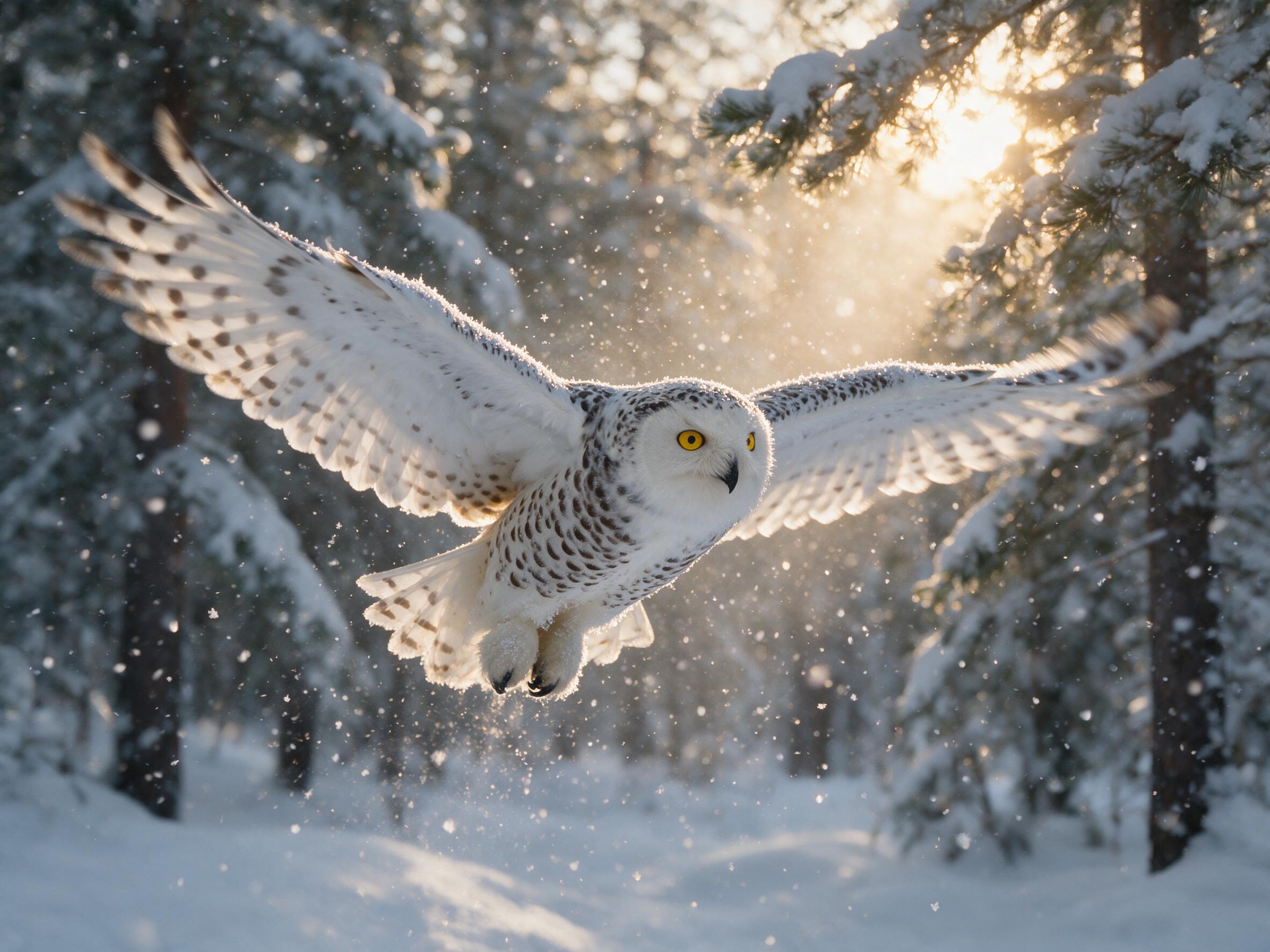 A snowy owl in mid-flight, wings fully spread, feathers textured with frost, soft golden hour light filtering through pine trees, snowflakes suspended in air, shallow depth of field, slight camera motion blur on wings, natural forest backdrop