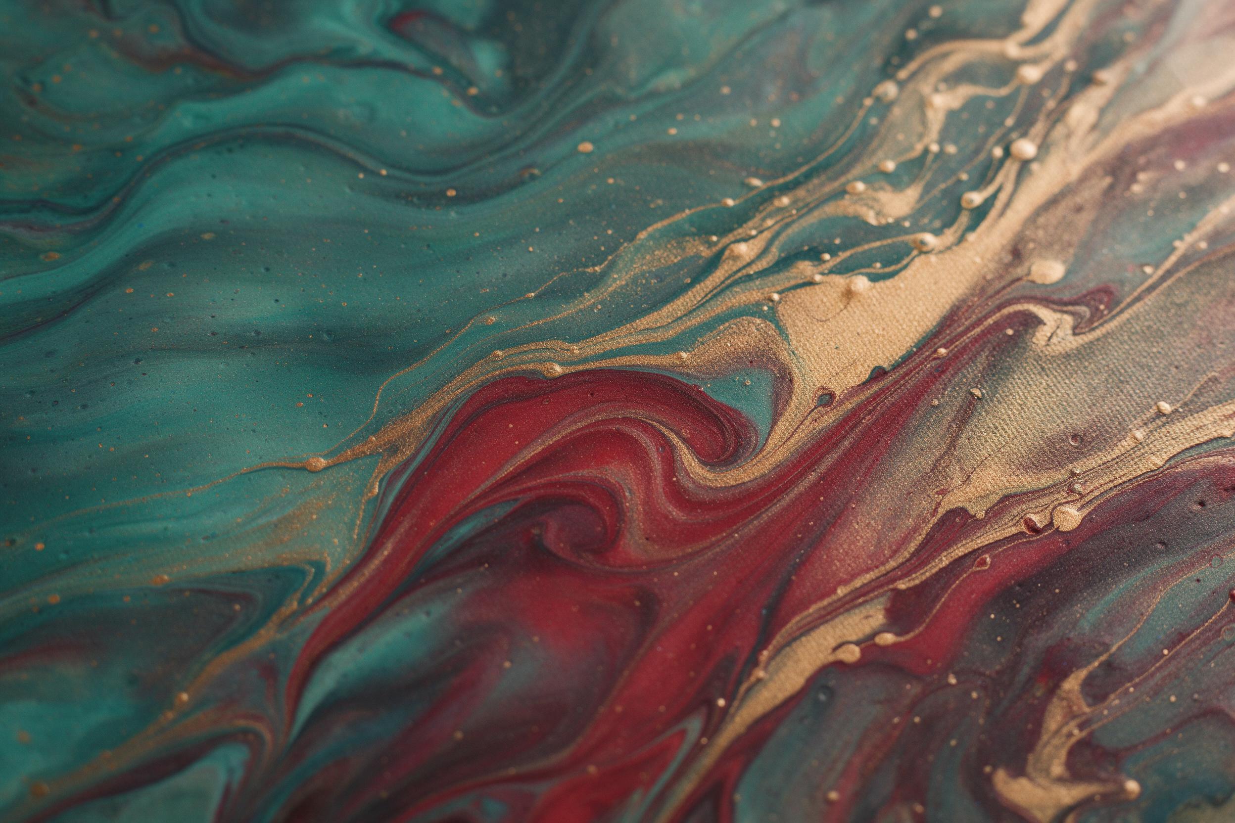 Fluid acrylic pour on canvas, swirling teal, gold, and deep crimson, metallic veins catching warm side light, soft shadows, macro view, rich texture, subtle grain, no text.