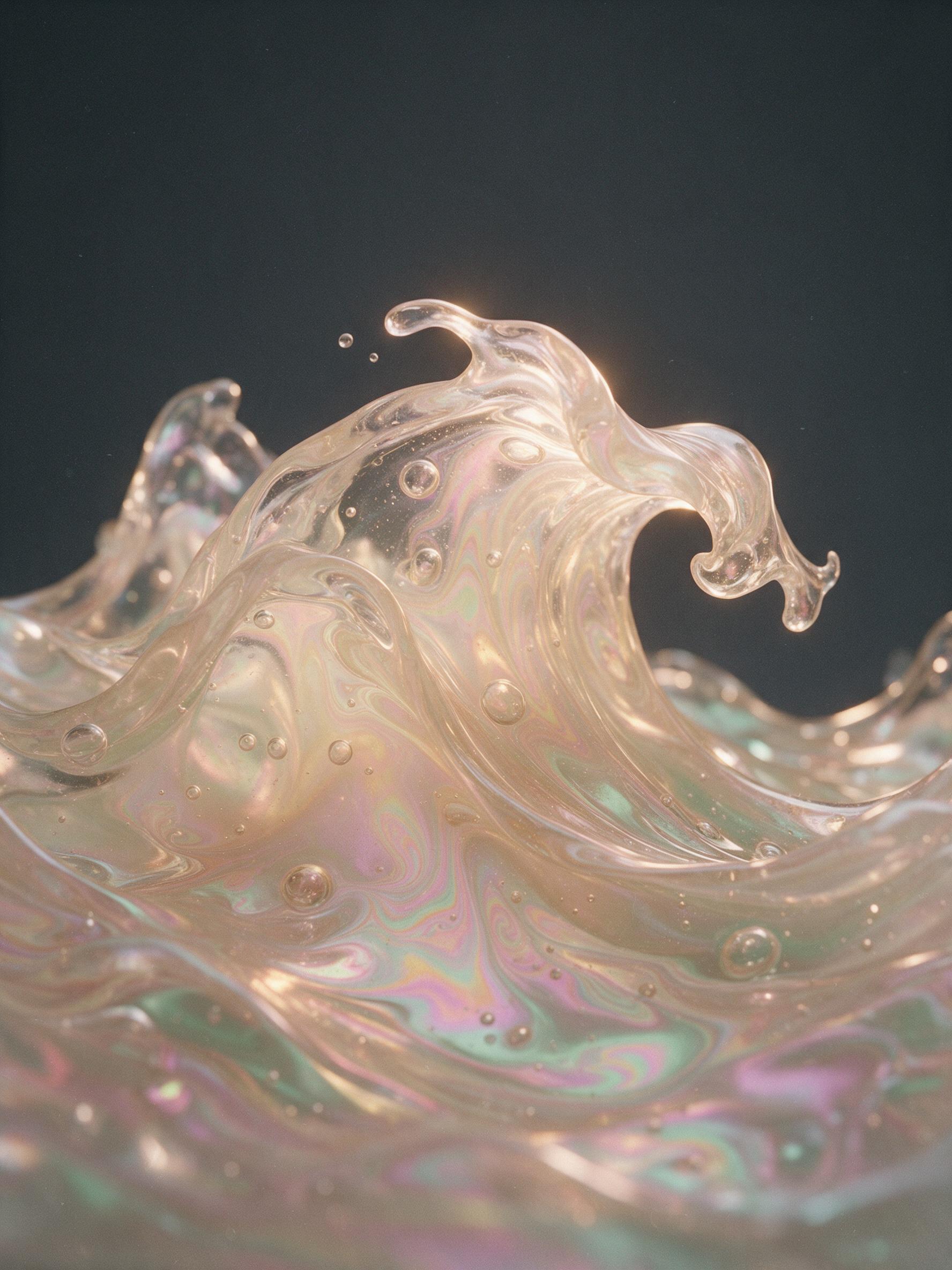 Close-up of translucent resin waves frozen mid-motion, with swirling iridescent oil-slick patterns and trapped air bubbles, backlit by a single warm spotlight against a deep charcoal background, shot on medium format film with subtle grain and a slight macro focus falloff.