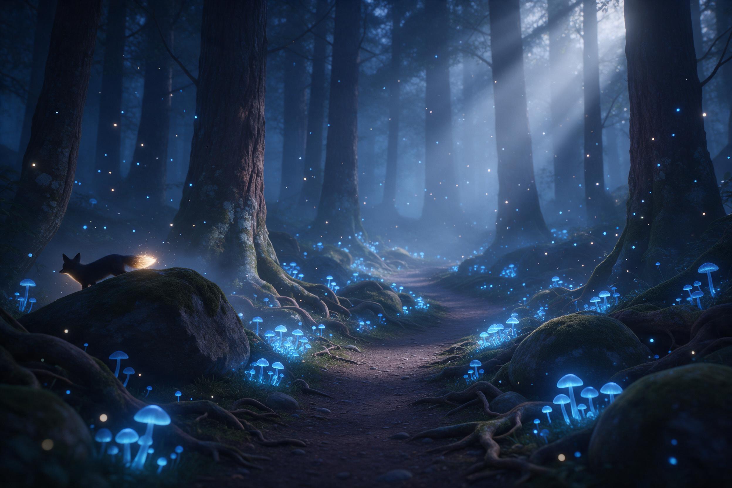 A misty twilight forest with glowing blue mushrooms lining a winding path, bioluminescent spores floating in the air, a silhouetted fox with a luminous tail peeking from behind a mossy stone, soft volumetric light rays through ancient trees, atmosphere of quiet wonder.