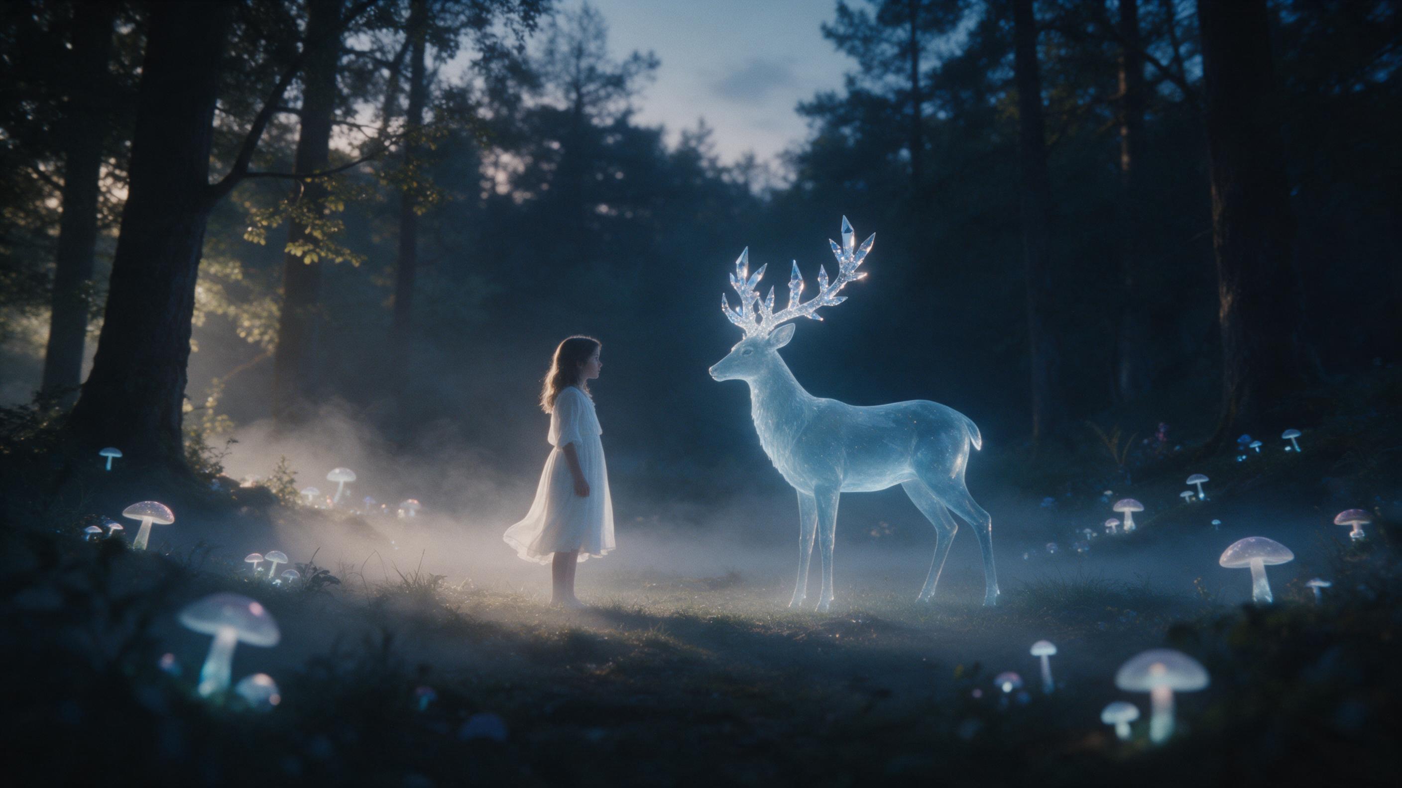 A misty forest clearing at twilight, bioluminescent mushrooms glow softly, a young girl in a flowing white dress faces a translucent blue stag with antlers of crystal, gentle fog drifts, cinematic side lighting, dreamy atmosphere, slight grain