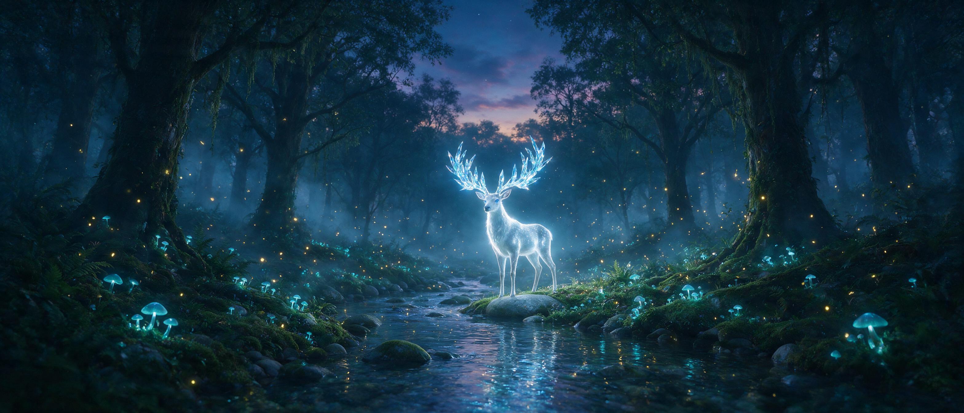 A misty forest at twilight, bioluminescent mushrooms casting soft blue light, a glowing stag with antlers of crystal stands by a stream, fireflies drift in the air, deep shadows, ethereal atmosphere, cinematic composition.