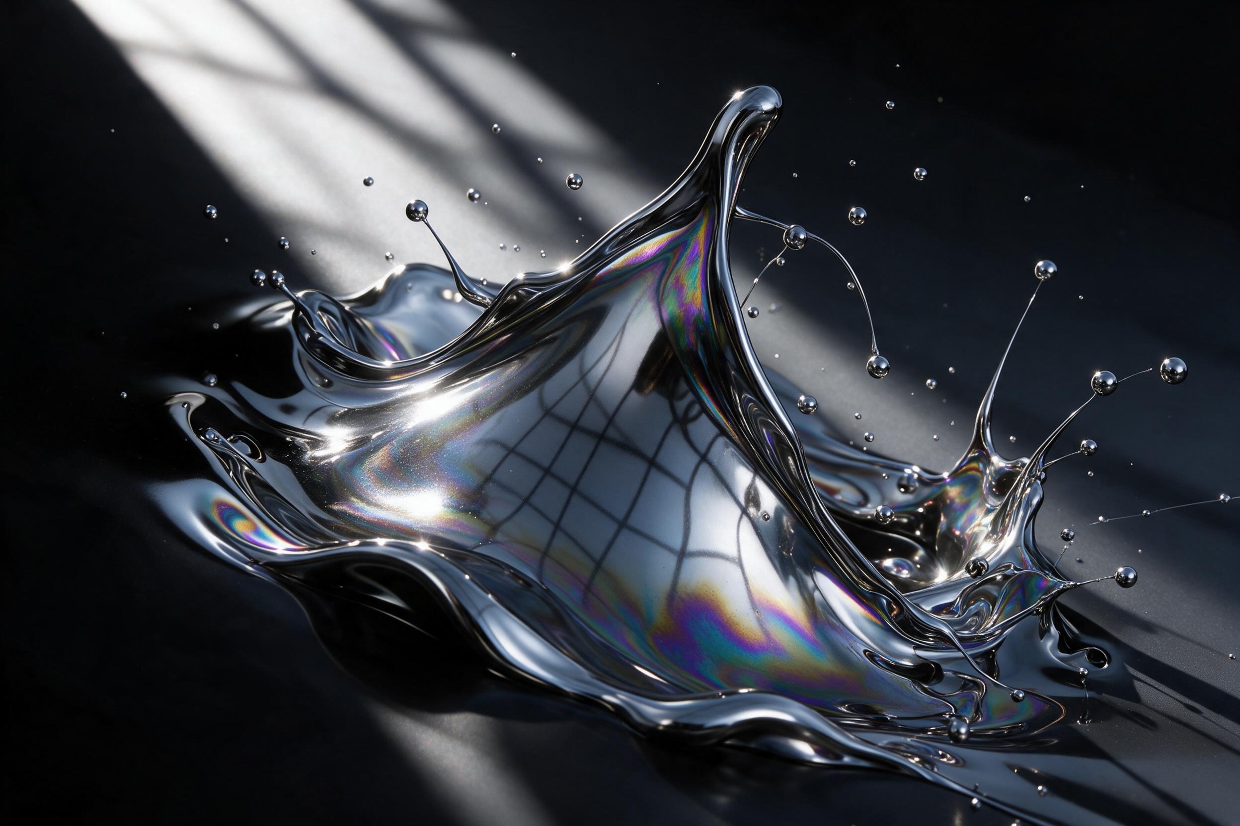 Liquid chrome waves frozen mid-motion, iridescent film distortion, deep shadows with harsh sunlight cutting across, minimalist composition, hint of geometric grid beneath the fluid surface