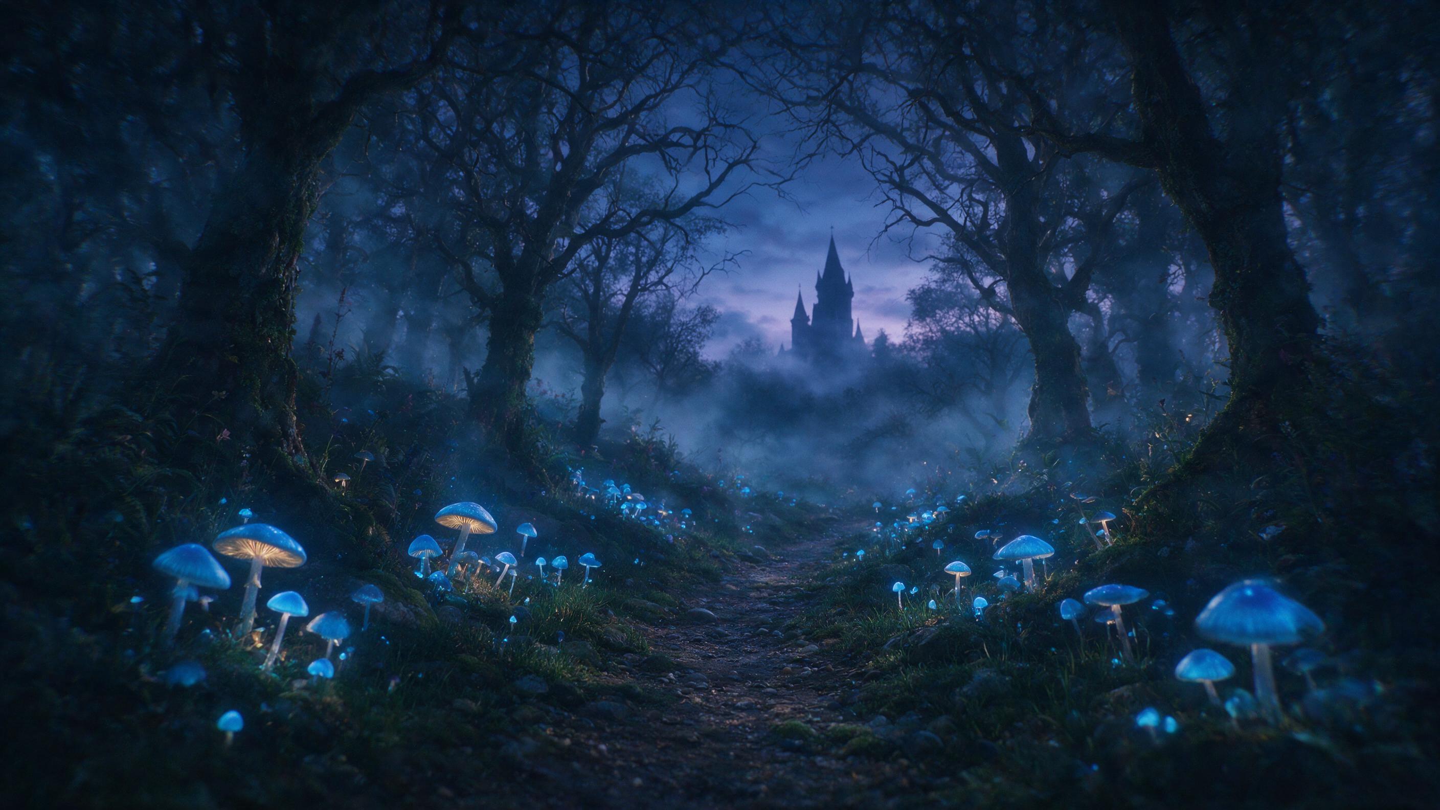 A misty enchanted forest at twilight, glowing blue mushrooms line a winding path, soft bioluminescent light, deep shadows, distant silhouette of a castle tower, ethereal fog, dreamlike atmosphere, slight camera motion blur, natural grain