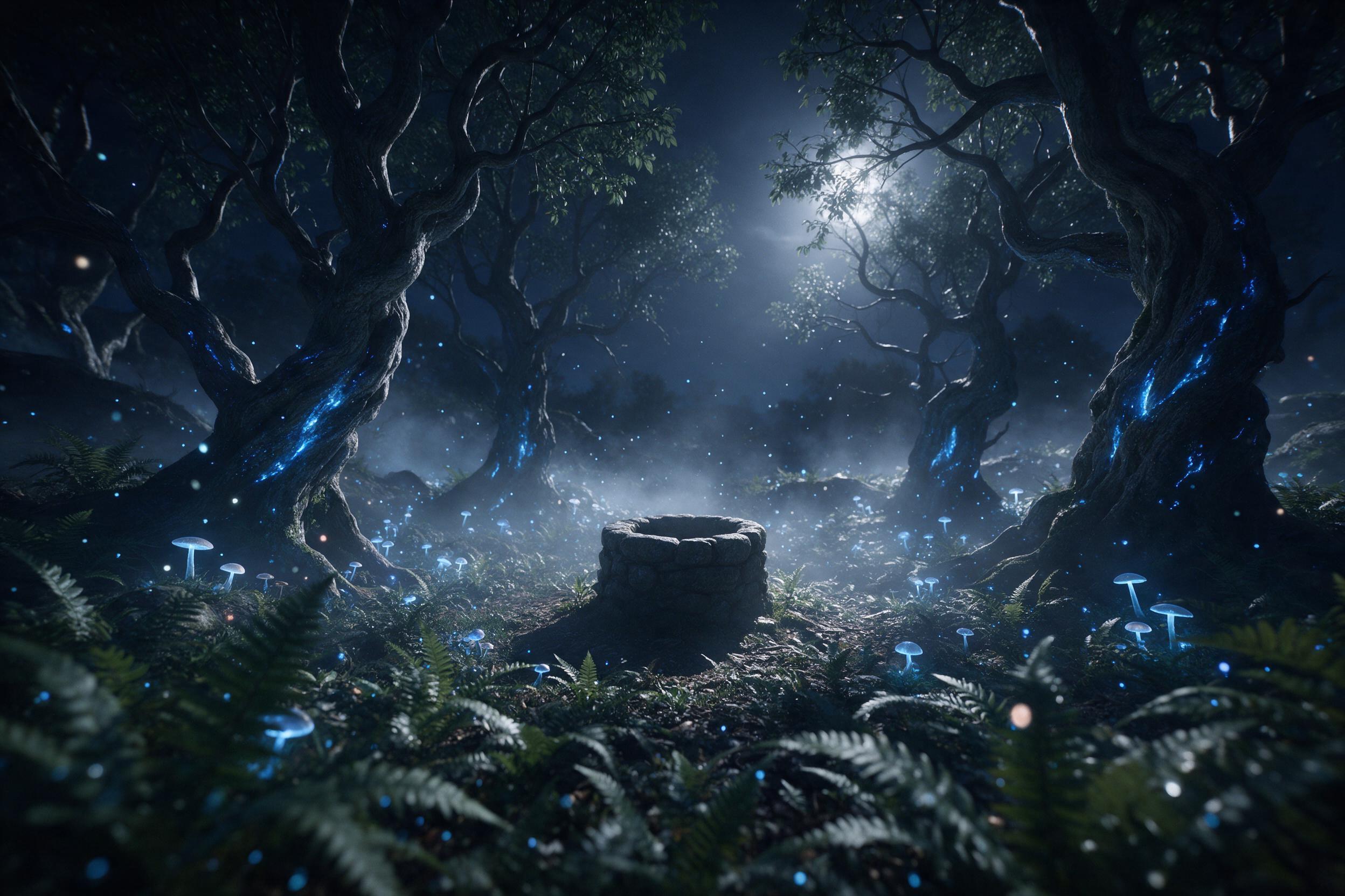 A moonlit bioluminescent forest clearing, ancient twisted trees with glowing blue sap, luminous mushrooms and floating spores, a small stone well in the center, misty air catching silver light, quiet magical atmosphere, viewed from a low angle among ferns, soft depth of field