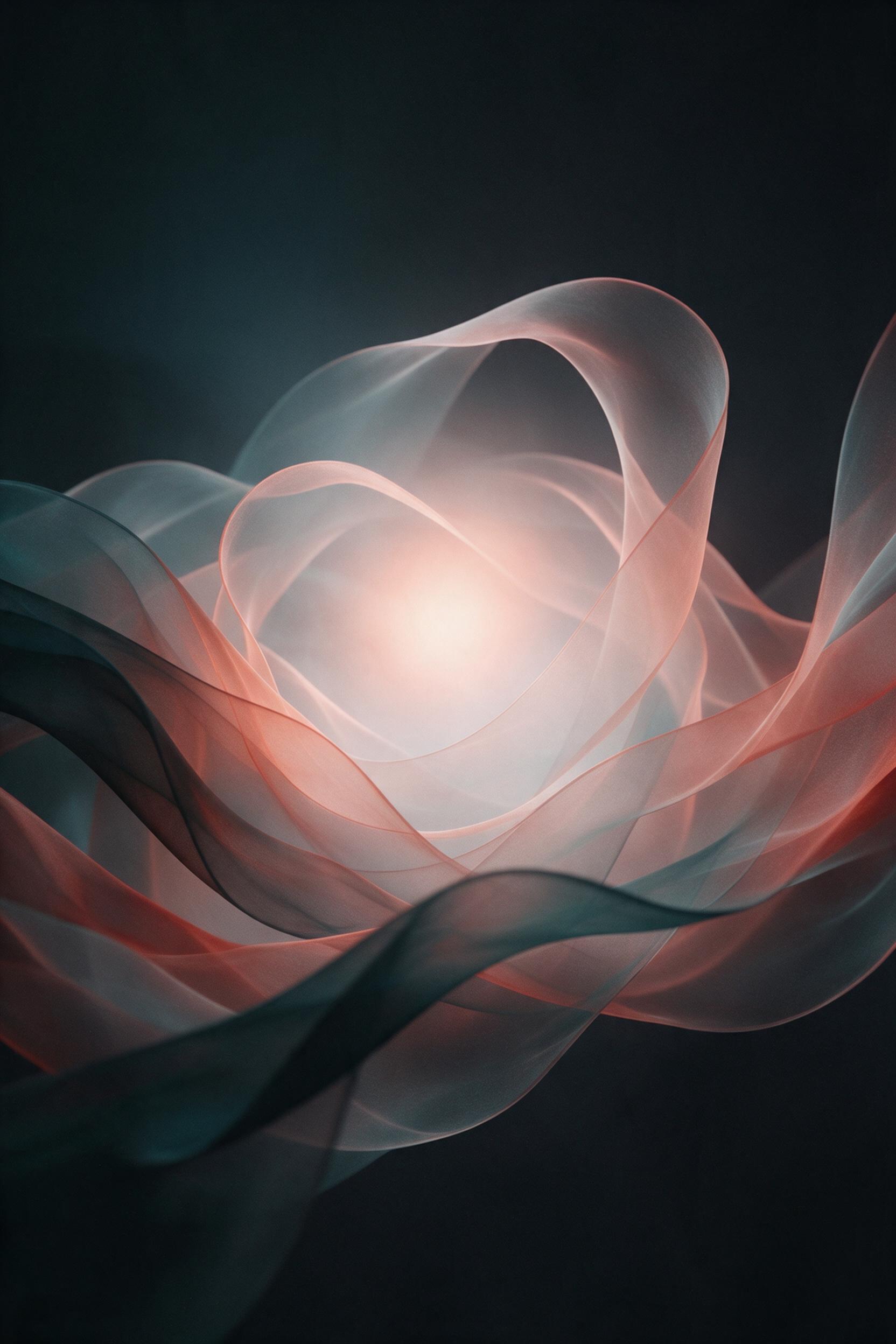 An elegant abstract composition of flowing translucent ribbons in soft gradient tones of coral and deep teal, gently twisting around a central light source, with delicate shadows and subtle light refraction on a matte dark background, minimalist but dynamic, with a hint of grain and natural light fa