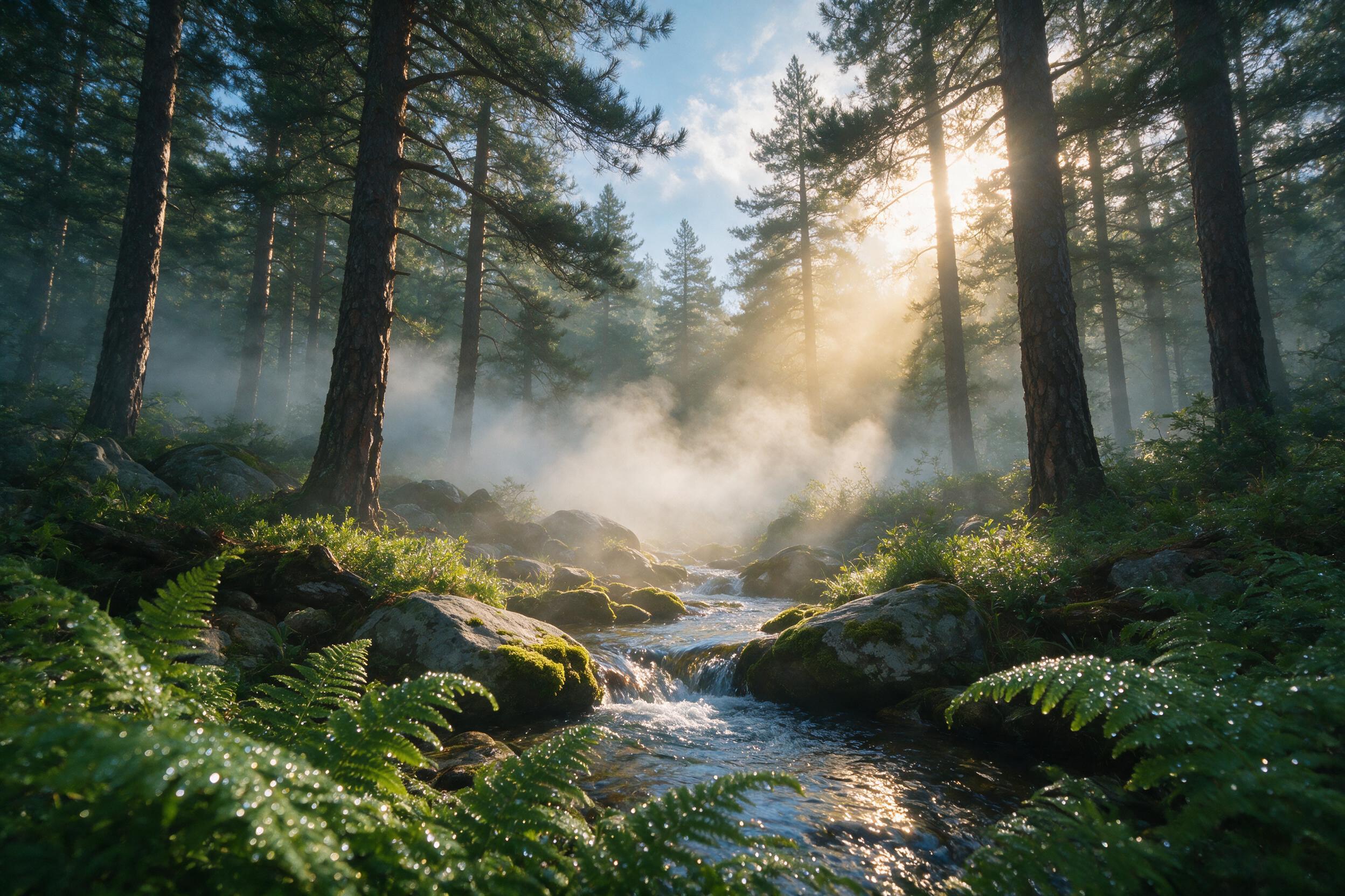 A misty pine forest at dawn, golden sunbeams piercing through tall trees, soft fog rolling between mossy rocks and a small creek, dew drops on ferns, warm orange and cool blue tones, shallow depth of field, natural light, tranquil atmosphere